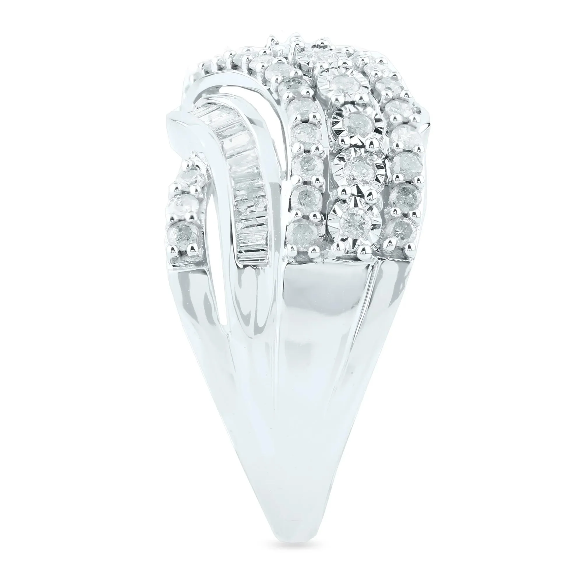 1 CT. Tw. Round and Baguette Diamond Crossover Ring 10K White Gold Round Brilliant Cut Size 6 2mm - Image 3