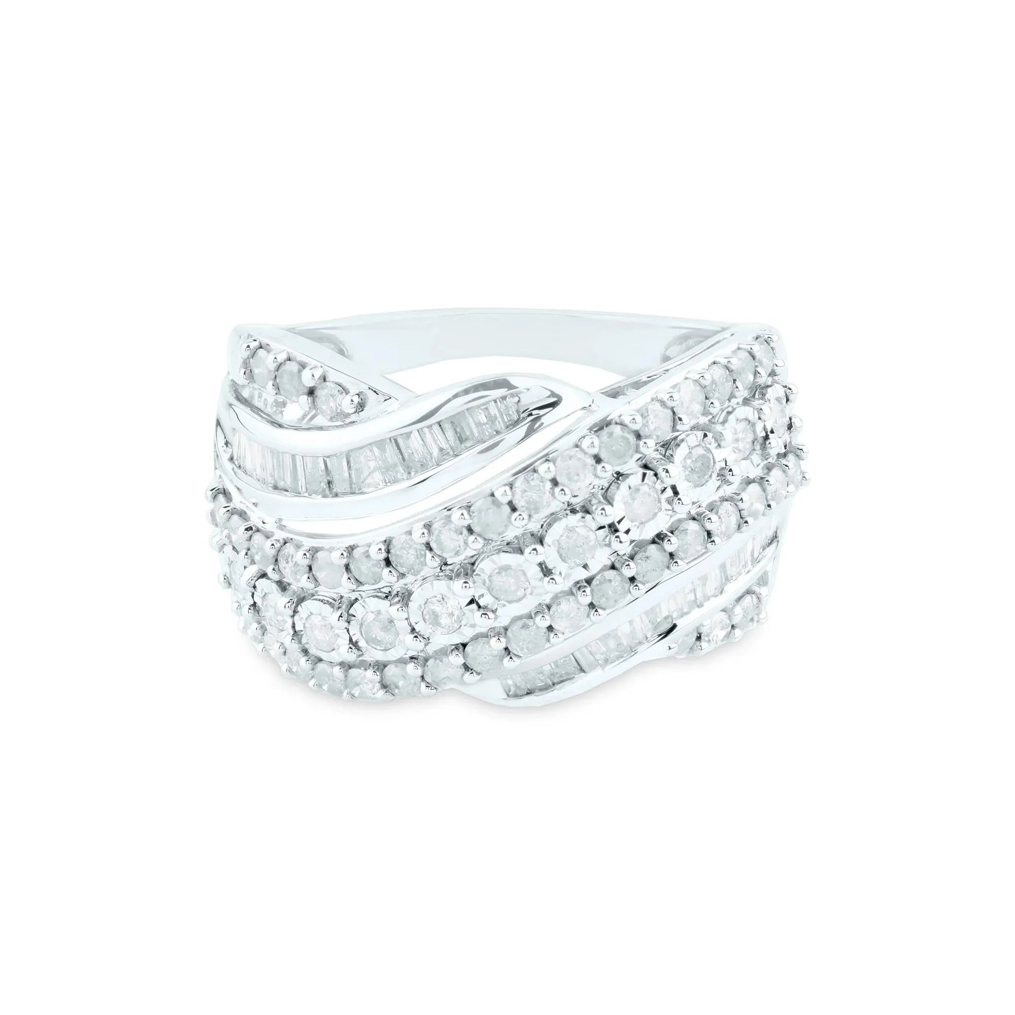 1 CT. Tw. Round and Baguette Diamond Crossover Ring 10K White Gold Round Brilliant Cut Size 7.5 2mm