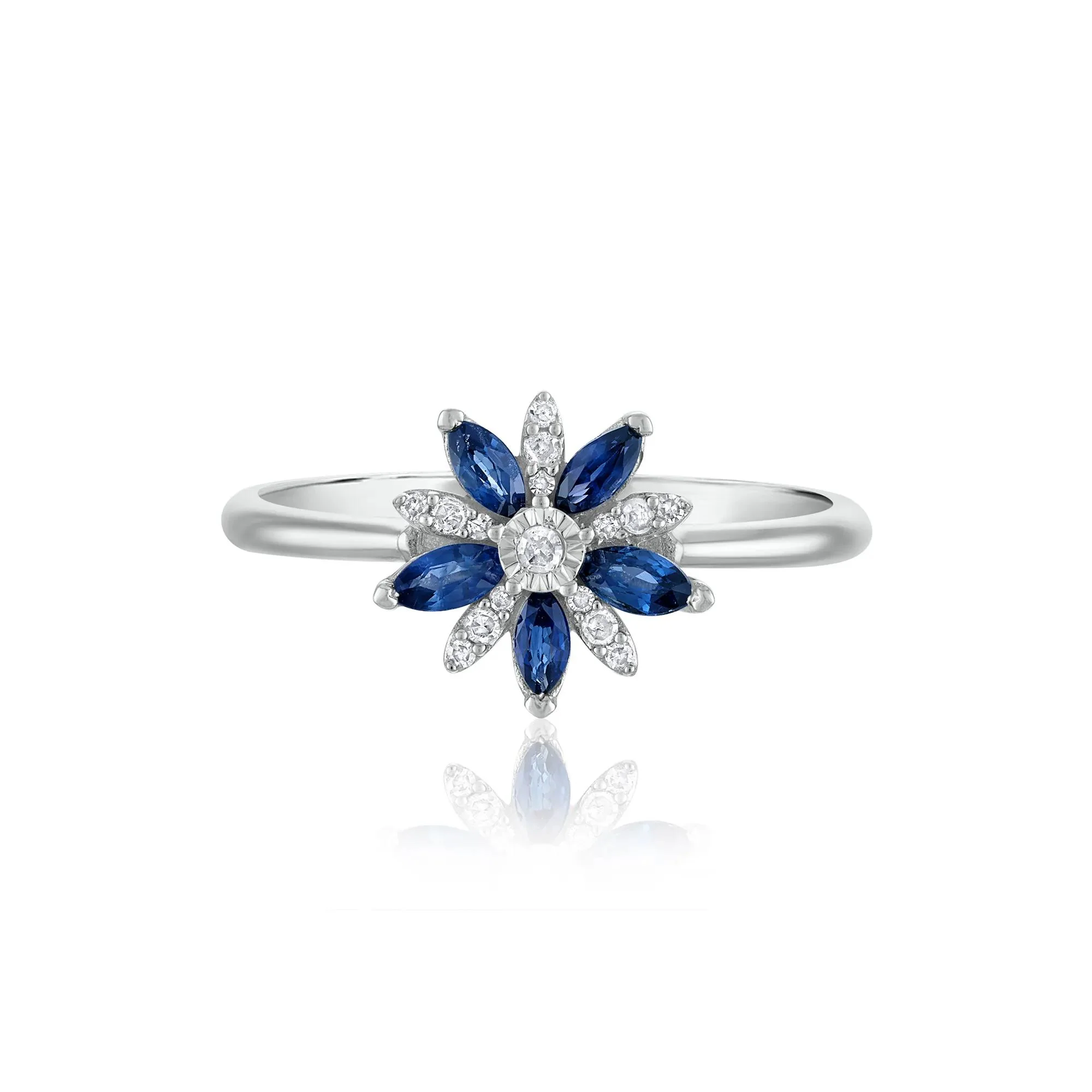 Blue Sapphire and Diamond Accent Floral Ring 10K White Gold Size 9.5 1.5mm
