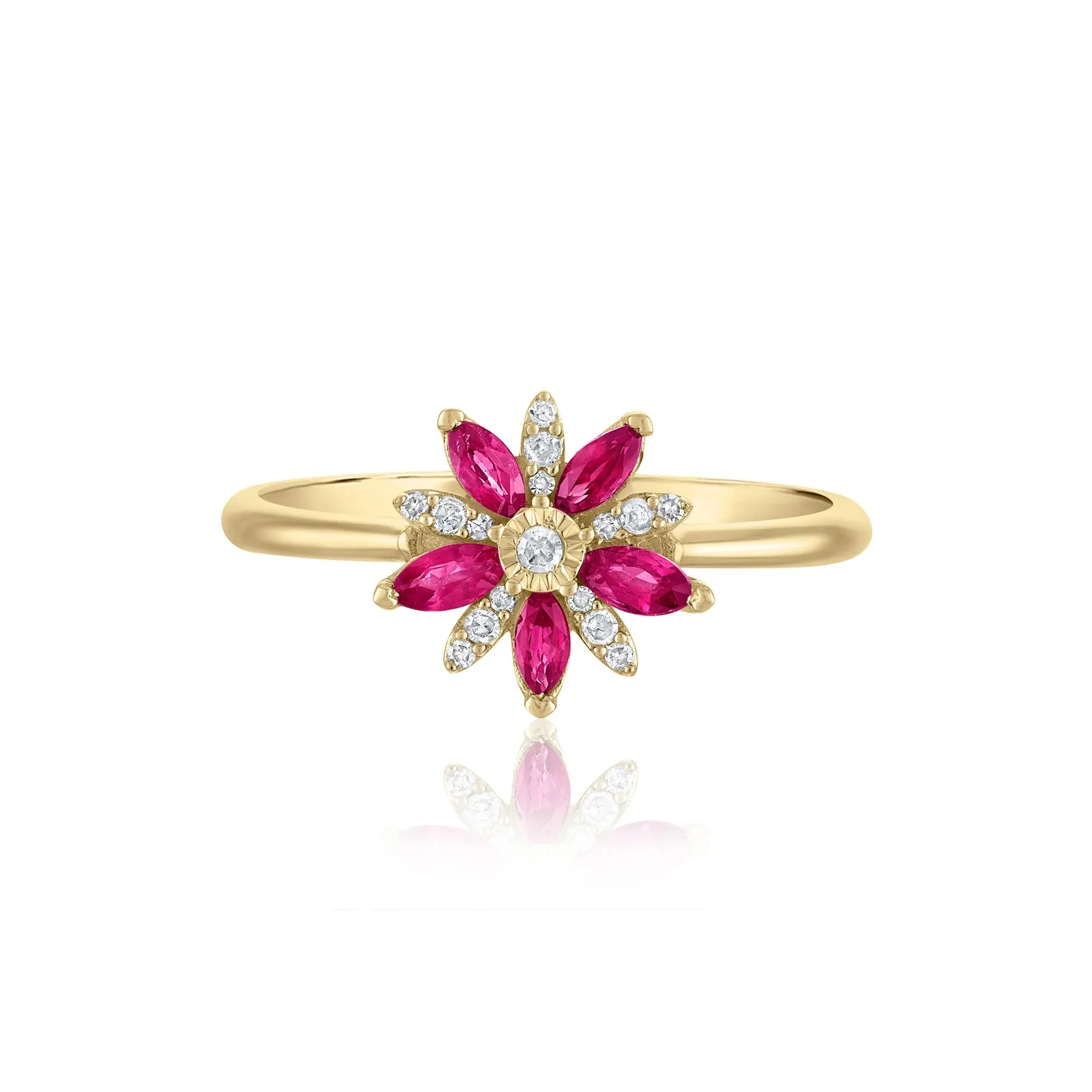 Ruby and Diamond Accent Floral Ring 10K Yellow Gold Size 6 1.5mm