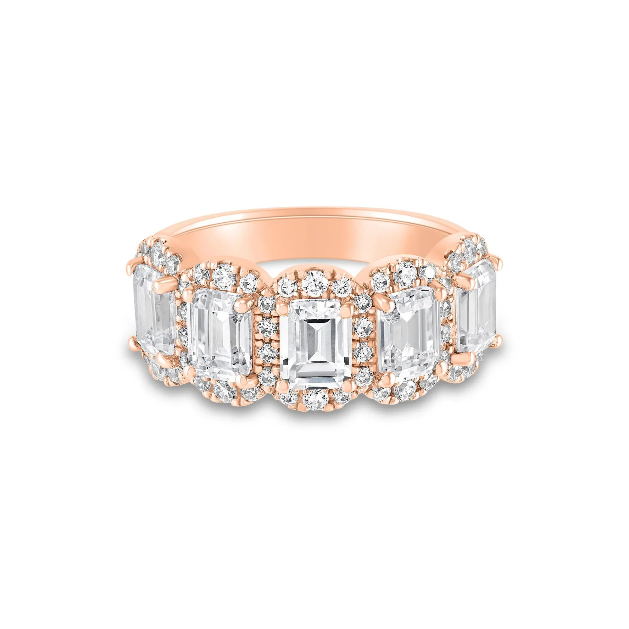 3 CT. Tw. Lab Grown Diamond Emerald-Cut Halo Band Ring 10K Rose Gold Round Brilliant Cut Size 7.5 1.5mm