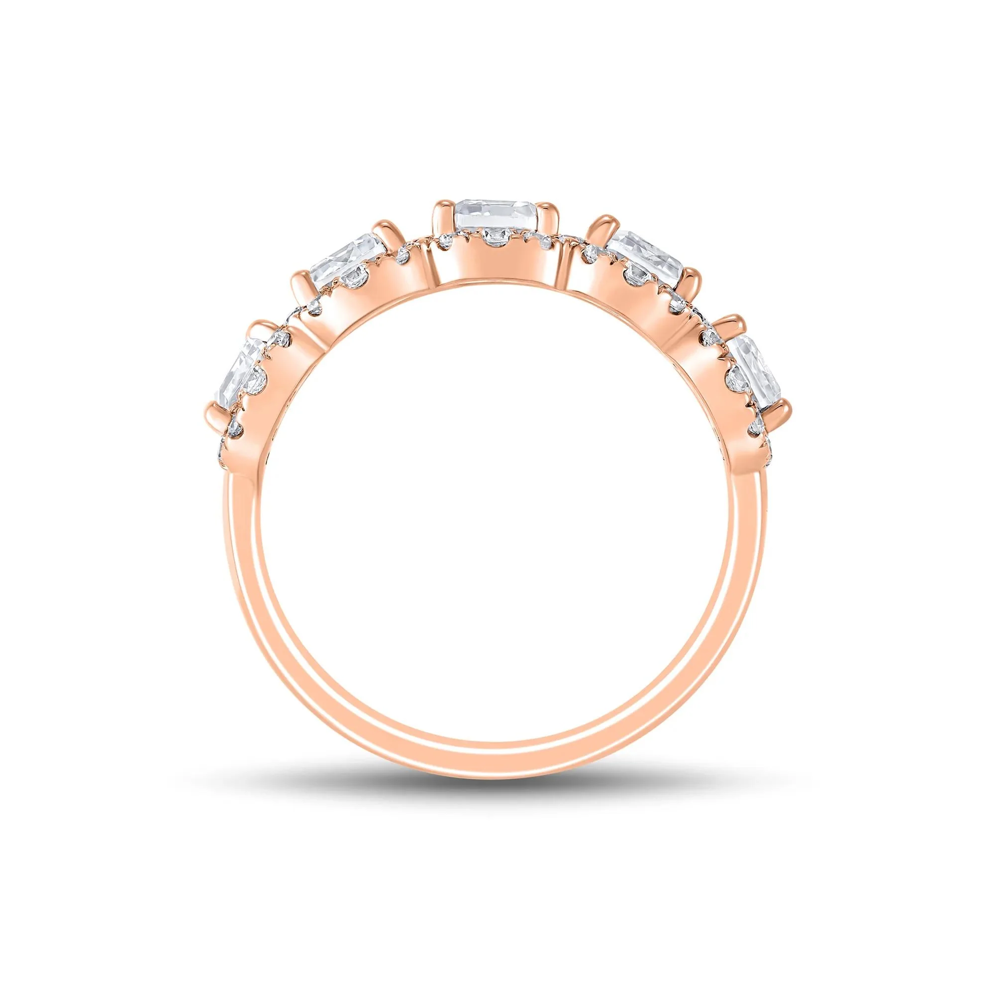 3 CT. Tw. Lab Grown Diamond Emerald-Cut Halo Band Ring 10K Rose Gold Round Brilliant Cut Size 8.5 1.5mm - Image 2