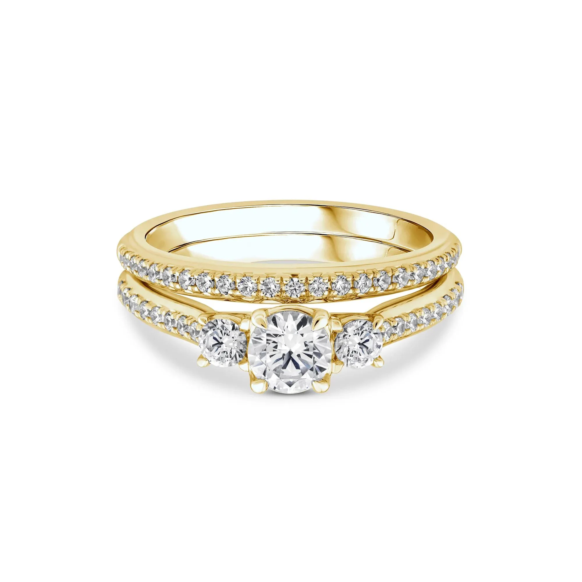 1 CT. Tw. Lab Grown Diamond Three-Stone Engagement Set 10K Yellow Gold Ring Round Brilliant Cut Size 6.5 1mm