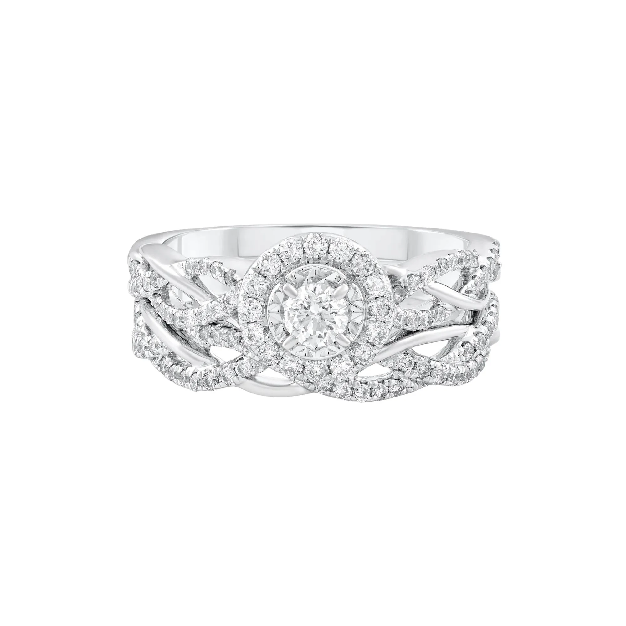 3/4 CT. Tw. Diamond Halo Woven Engagement Set 14K White Gold Ring Round Brilliant Cut Size 7
