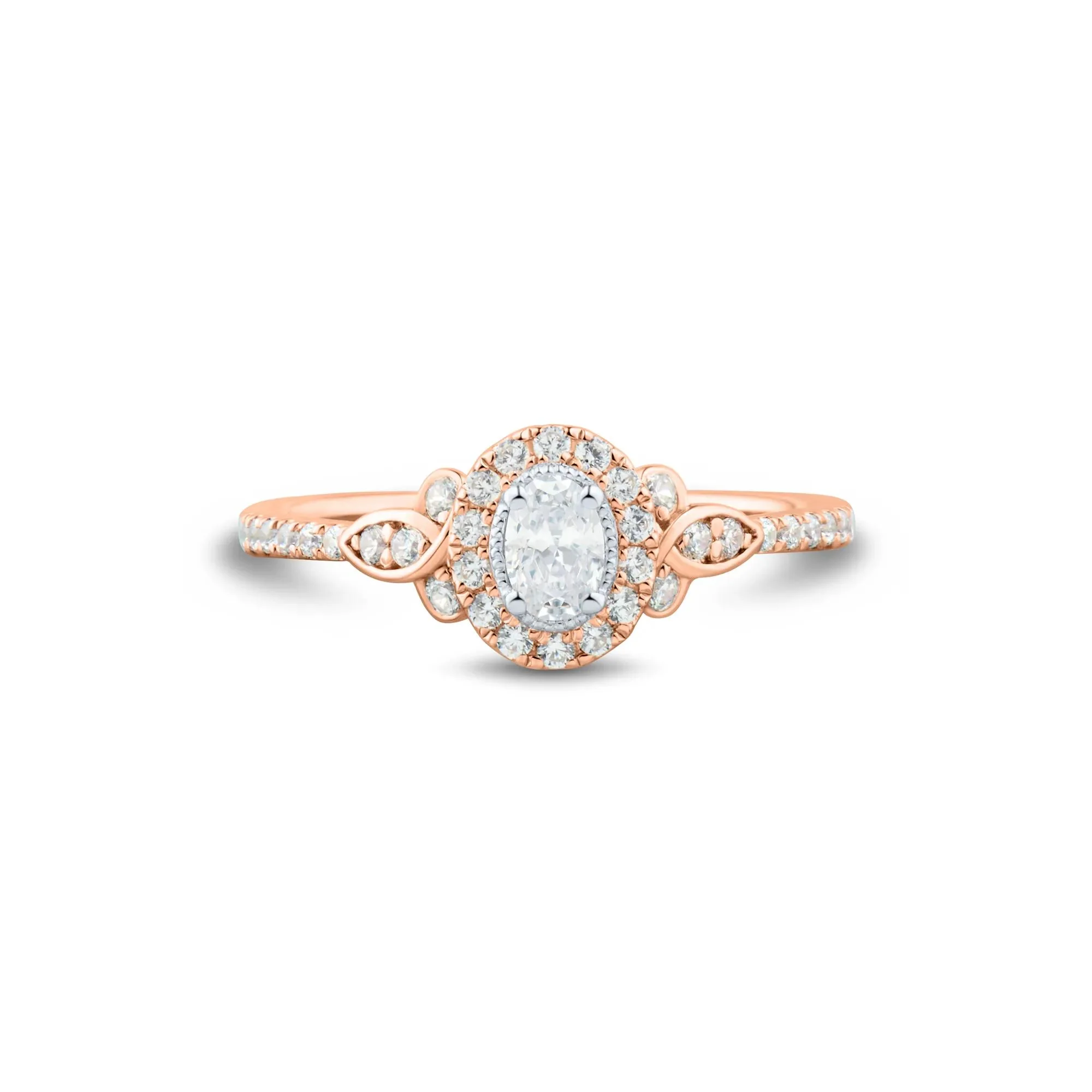 1/2 CT. Tw. Oval Diamond Halo Engagement Ring 14K Rose Gold Round Brilliant Cut Size 9 1mm