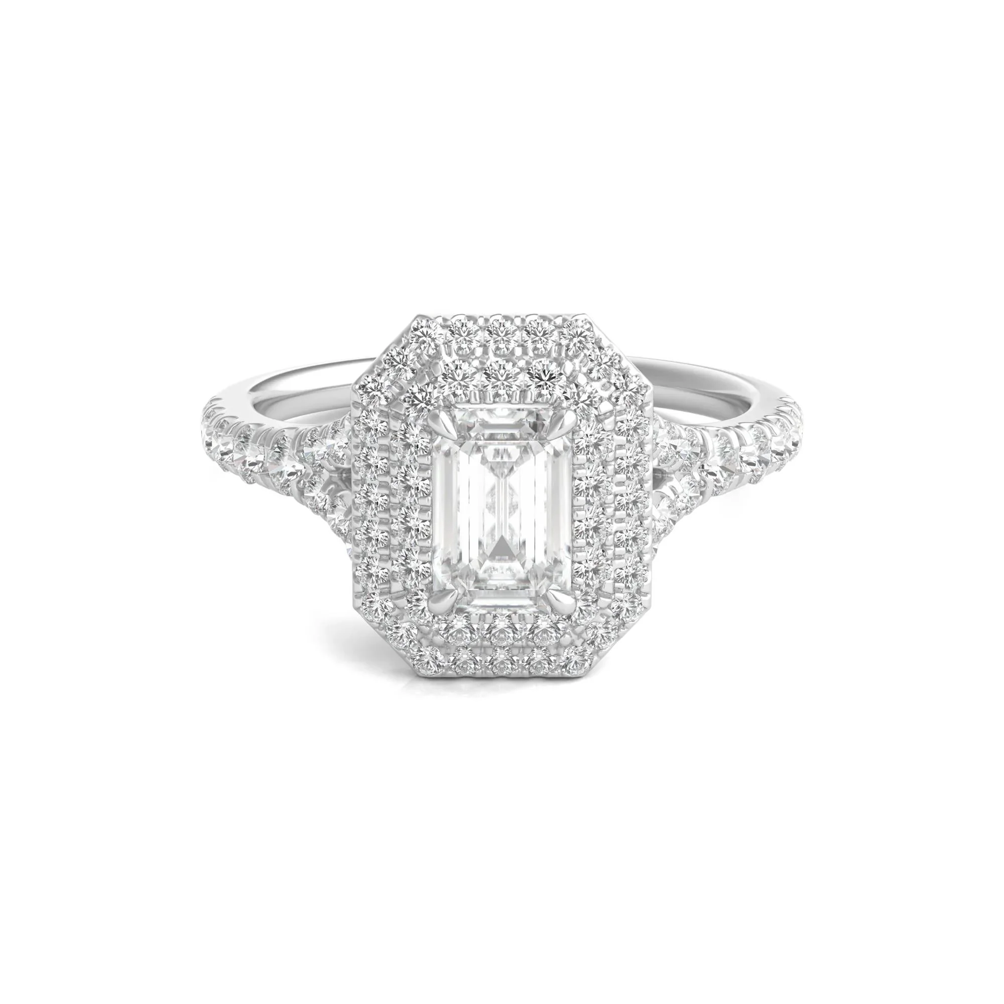 1/2 CT. Tw. Diamond Emerald Step-Cut Double Halo Engagement Ring 14K White Gold Size 7