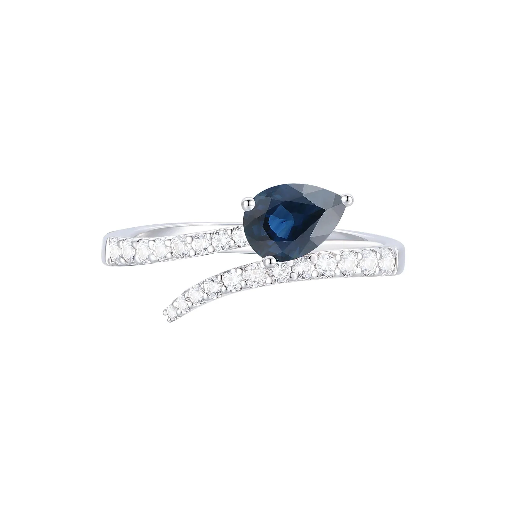 1/3 CT. Tw. Blue Sapphire and Diamond Bypass Ring 10K White Gold Round Brilliant Cut Size 7.5 1mm