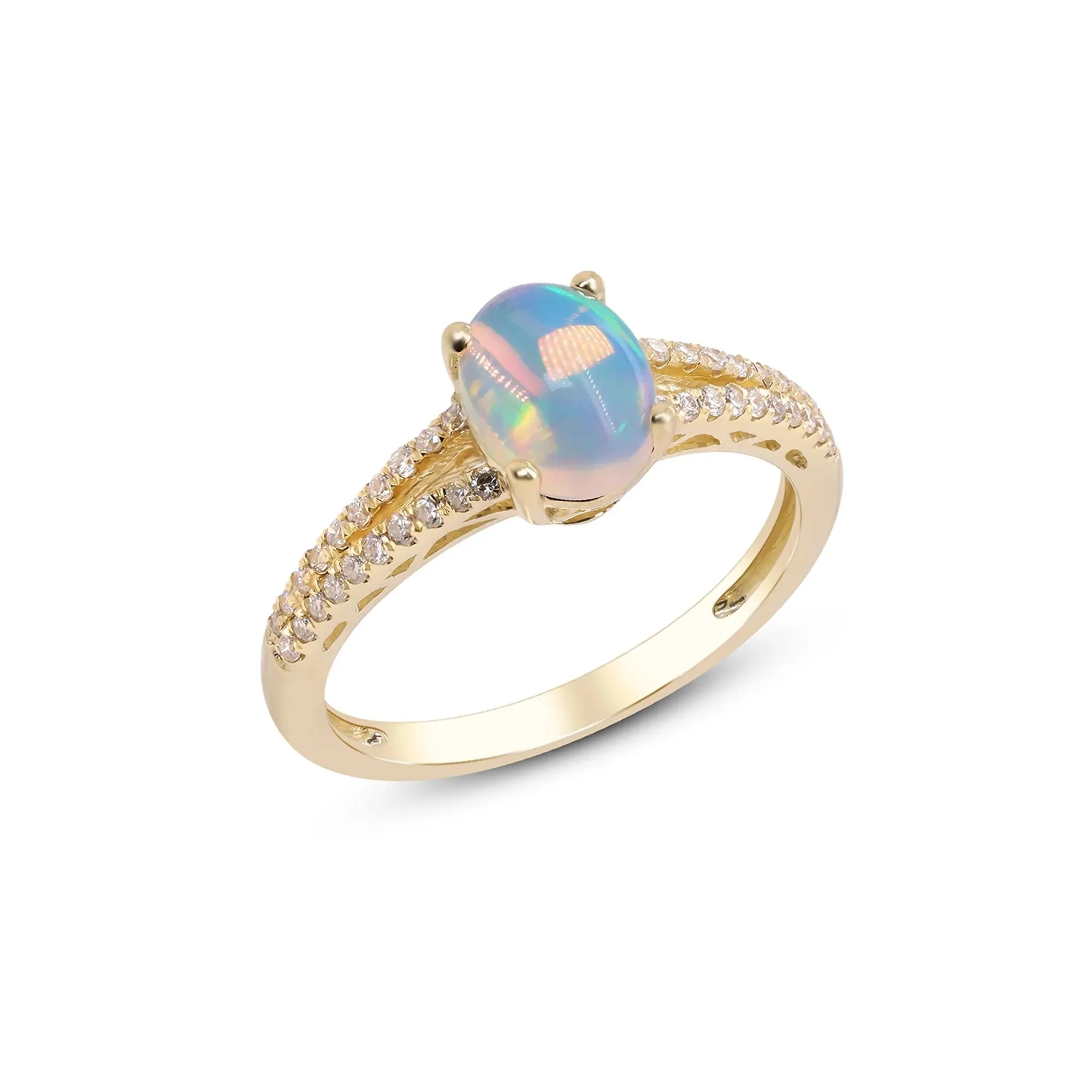 1/5 CT. Tw. Ethiopian Opal Ring with Diamond Split-Shank Band 10K Yellow Gold Round Brilliant Cut Size 7 - Image 3