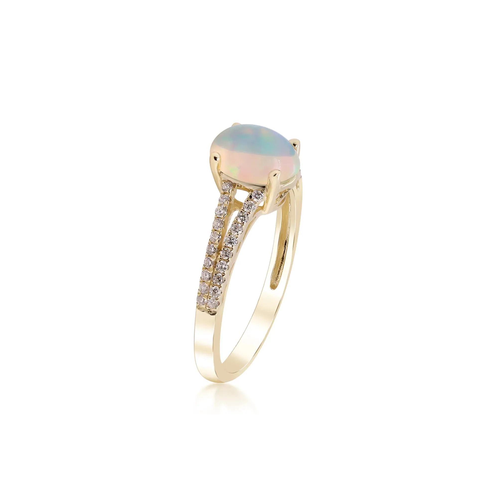 1/5 CT. Tw. Ethiopian Opal Ring with Diamond Split-Shank Band 10K Yellow Gold Round Brilliant Cut Size 8 - Image 2