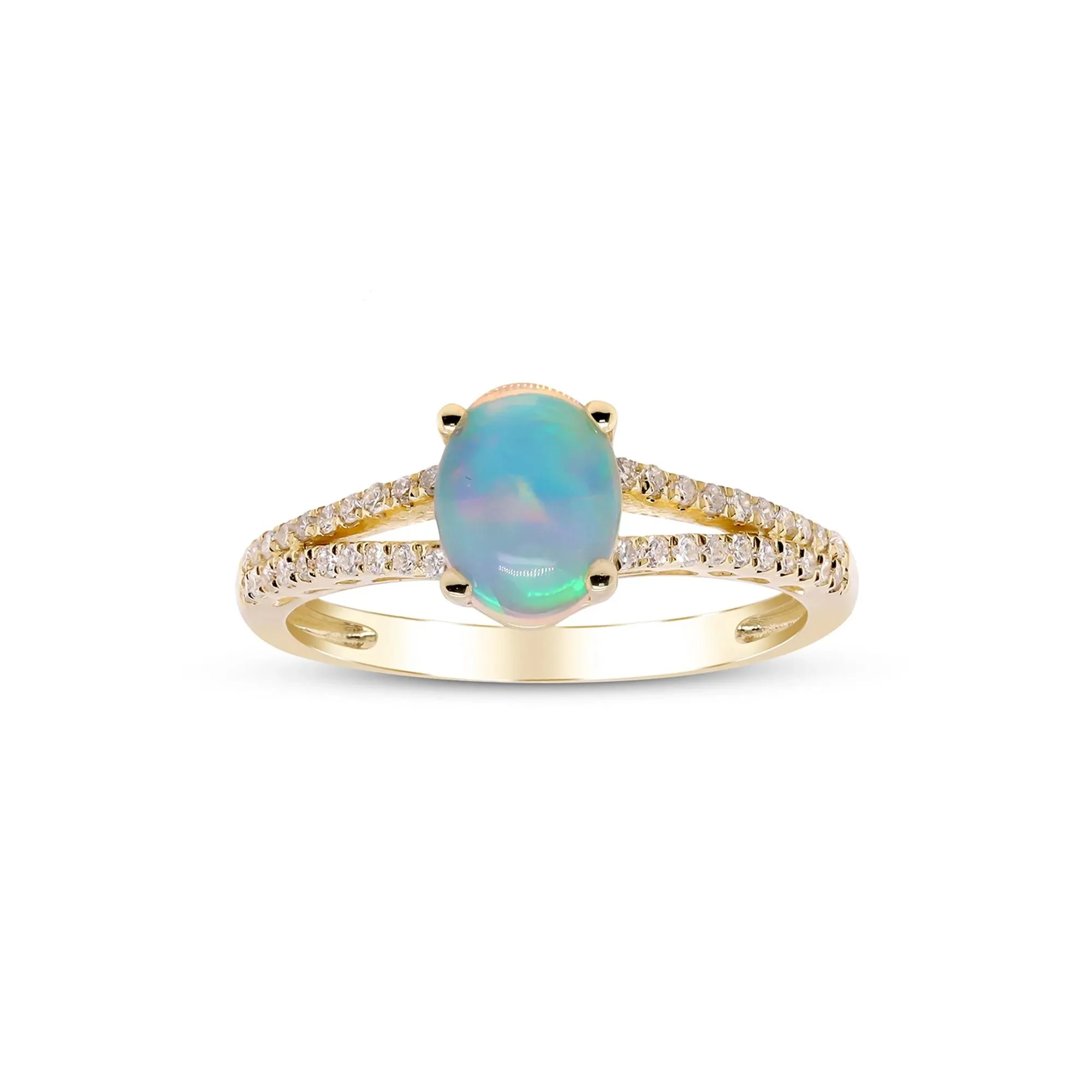 1/5 CT. Tw. Ethiopian Opal Ring with Diamond Split-Shank Band 10K Yellow Gold Round Brilliant Cut Size 9