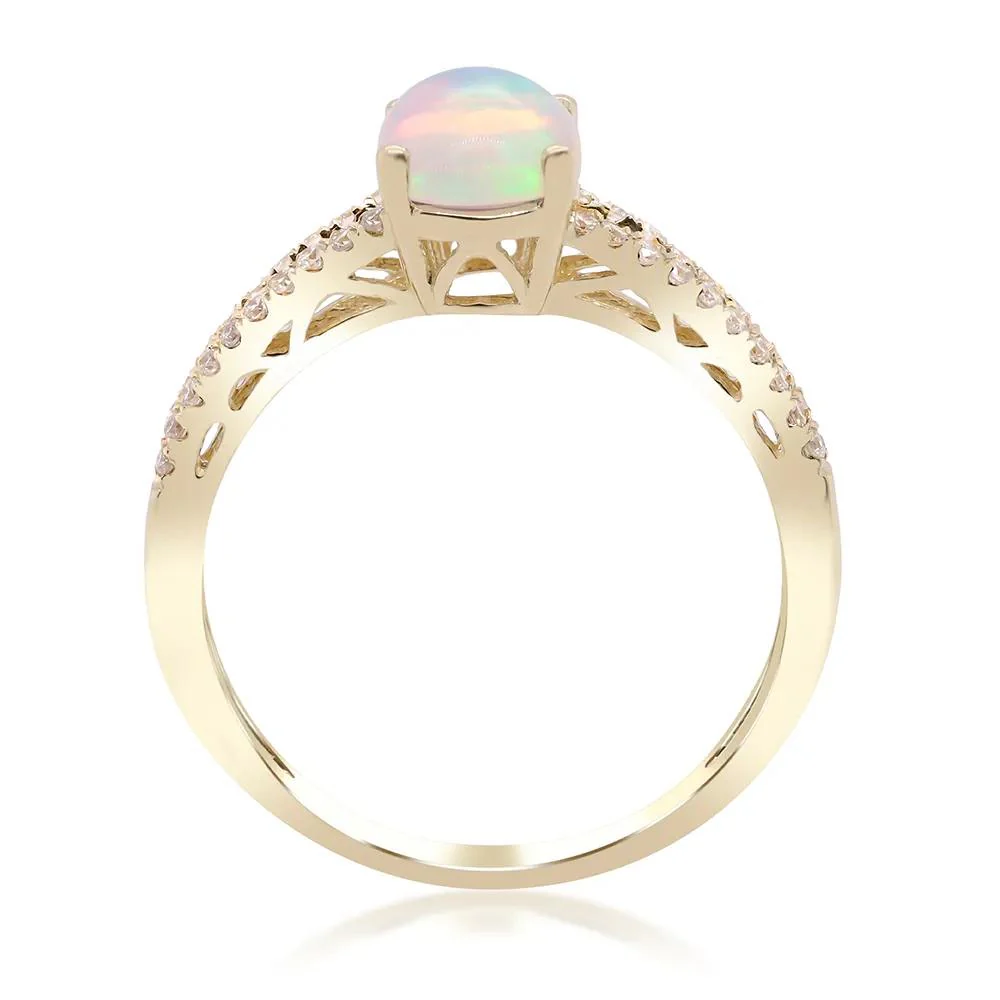 1/5 CT. Tw. Ethiopian Opal Ring with Diamond Split-Shank Band 10K Yellow Gold Round Brilliant Cut Size 9 - Image 4
