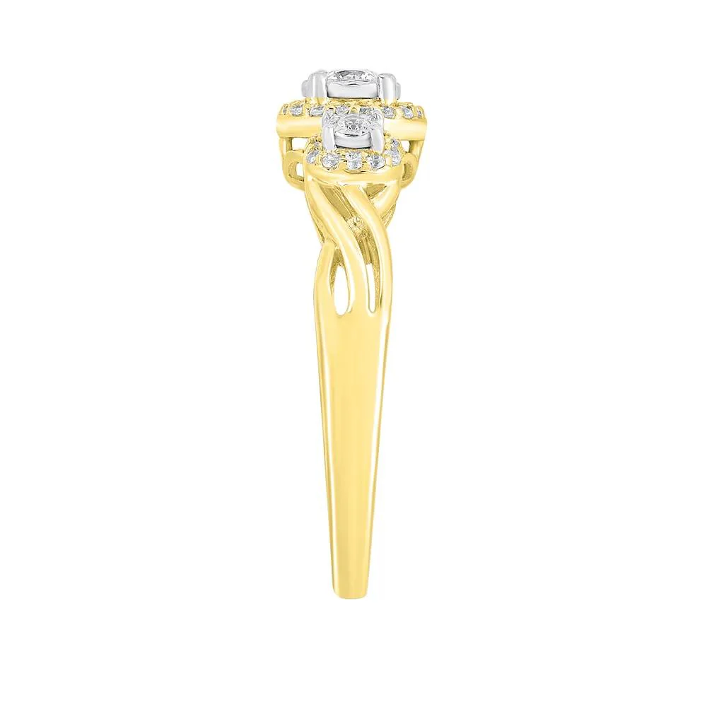 1/4 CT. Tw. Three-Stone Halo Engagement Ring with Illusion Settings 10K Yellow Gold Round Brilliant Cut Size 6.5 - Image 3