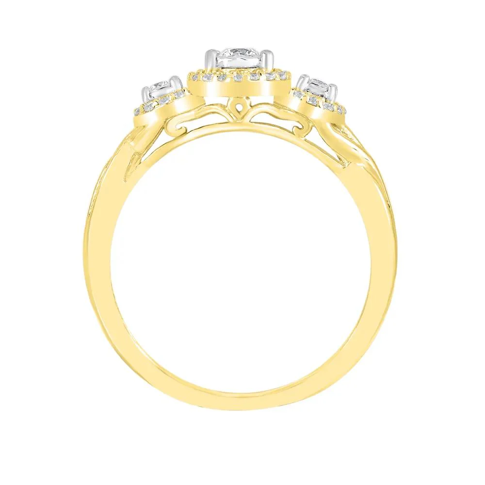 1/4 CT. Tw. Three-Stone Halo Engagement Ring with Illusion Settings 10K Yellow Gold Round Brilliant Cut Size 7.5 - Image 2