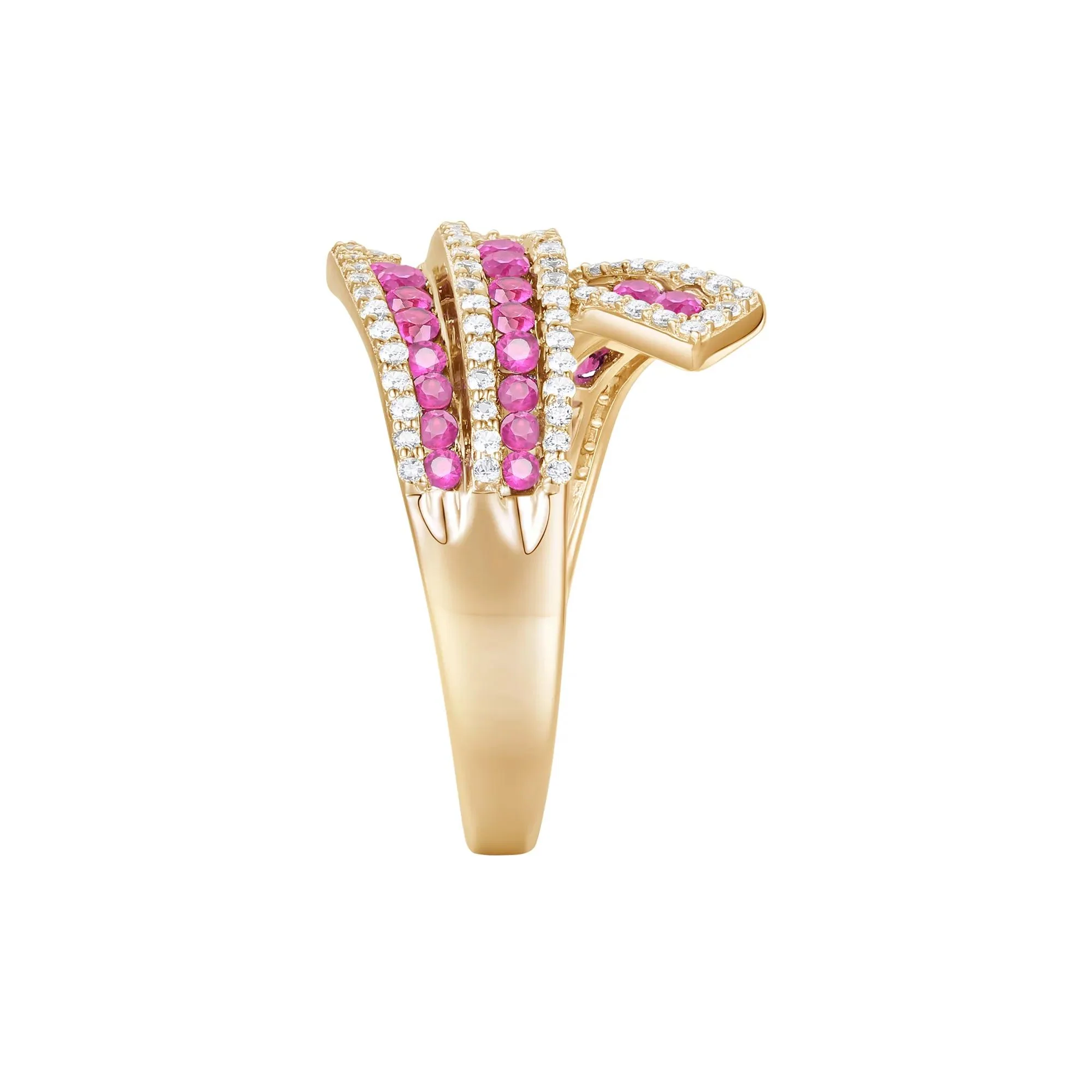 1/2 CT. Tw. Ruby and Diamond Ribbon Ring 10K Yellow Gold Round Brilliant Cut Size 7.5 1mm - Image 3