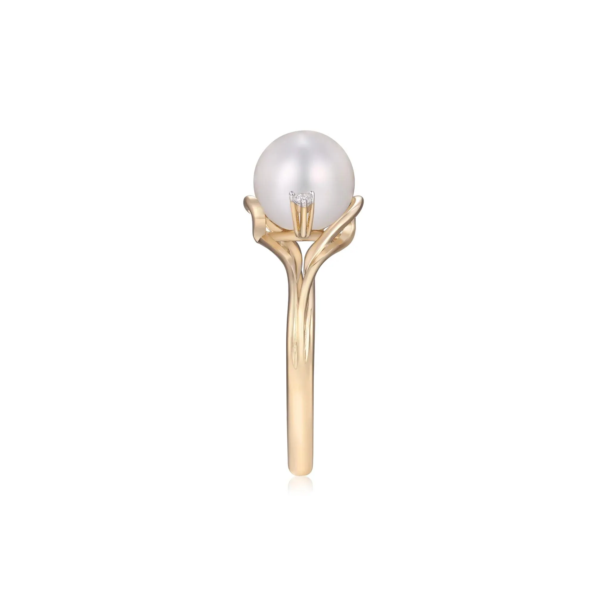 Cultured Freshwater Pearl and Diamond Accent Ring 10K Yellow Gold Round Brilliant Cut Size 7.5 2mm - Image 3