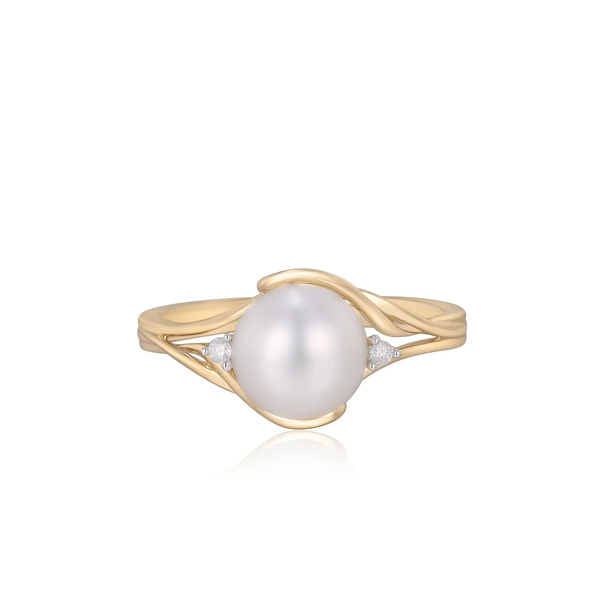 Cultured Freshwater Pearl and Diamond Accent Ring 10K Yellow Gold Round Brilliant Cut Size 8.5 2mm
