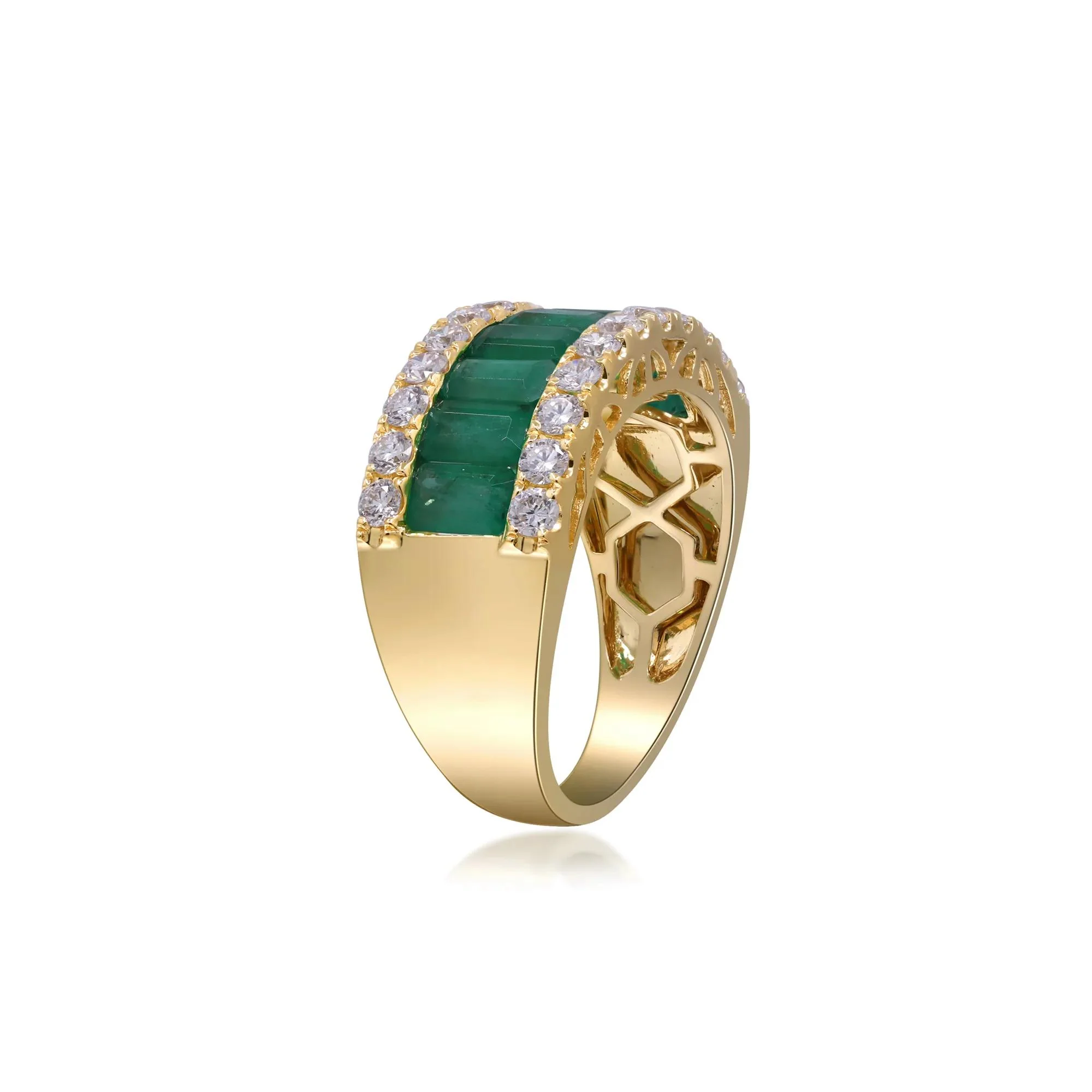3/4 CT. Tw. Emerald and Diamond Three-Row Ring 14K Yellow Gold Round Brilliant Cut Size 7 2mm - Image 3