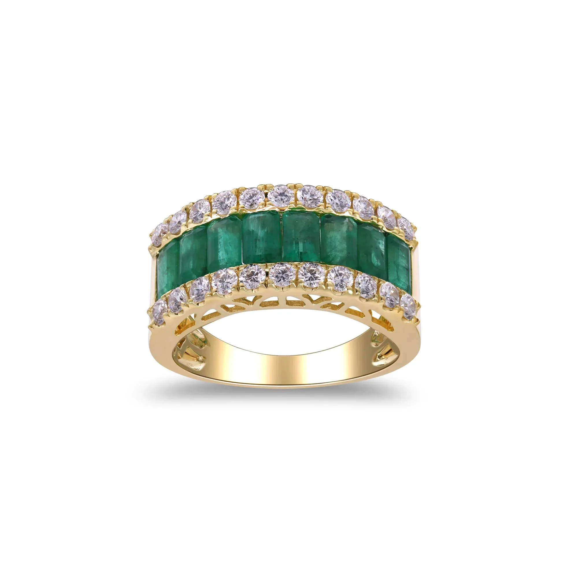 3/4 CT. Tw. Emerald and Diamond Three-Row Ring 14K Yellow Gold Round Brilliant Cut Size 8.5 2mm