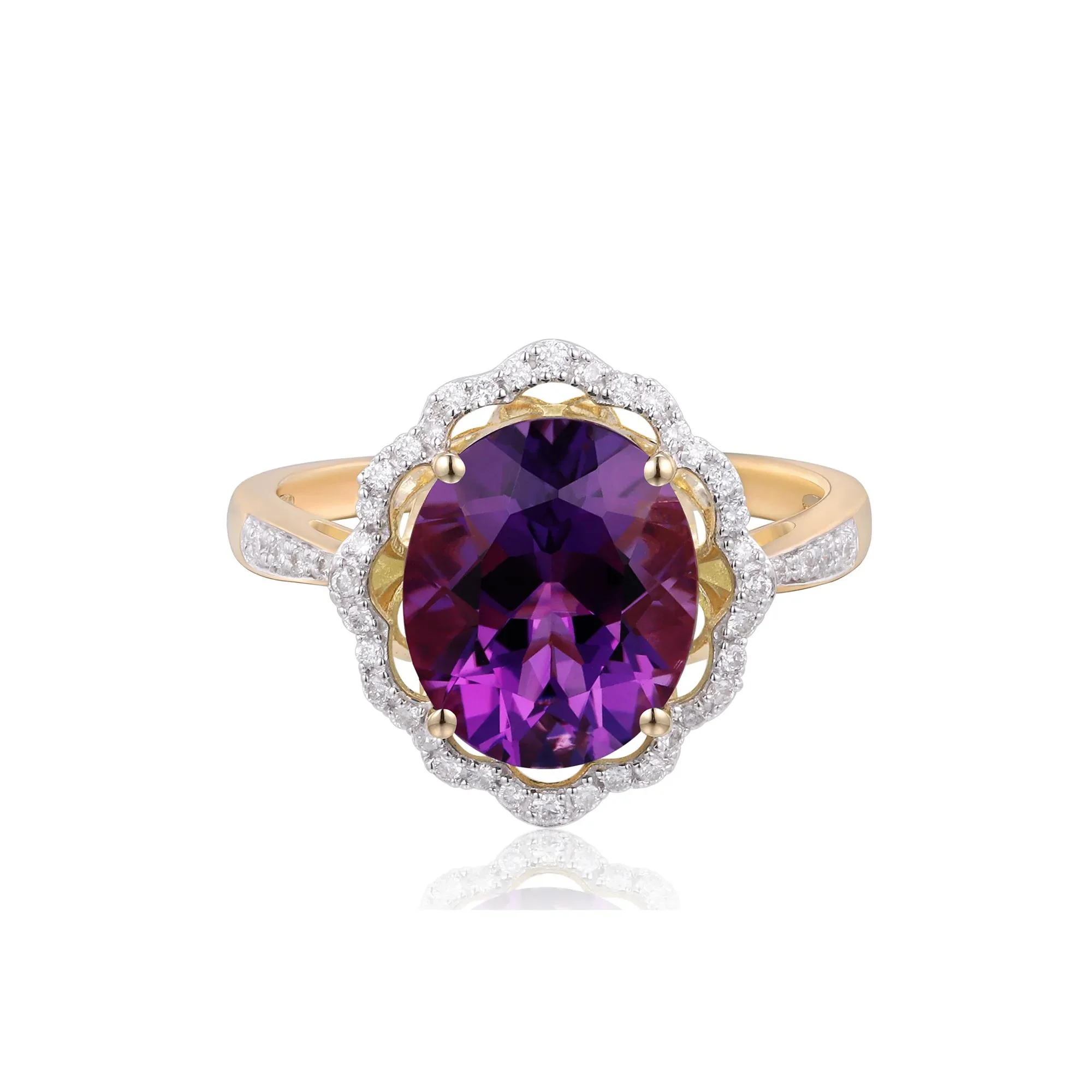 1/7 CT. Tw. Amethyst and Diamond Scalloped Halo Ring 10K Yellow Gold Round Brilliant Cut Size 6.5