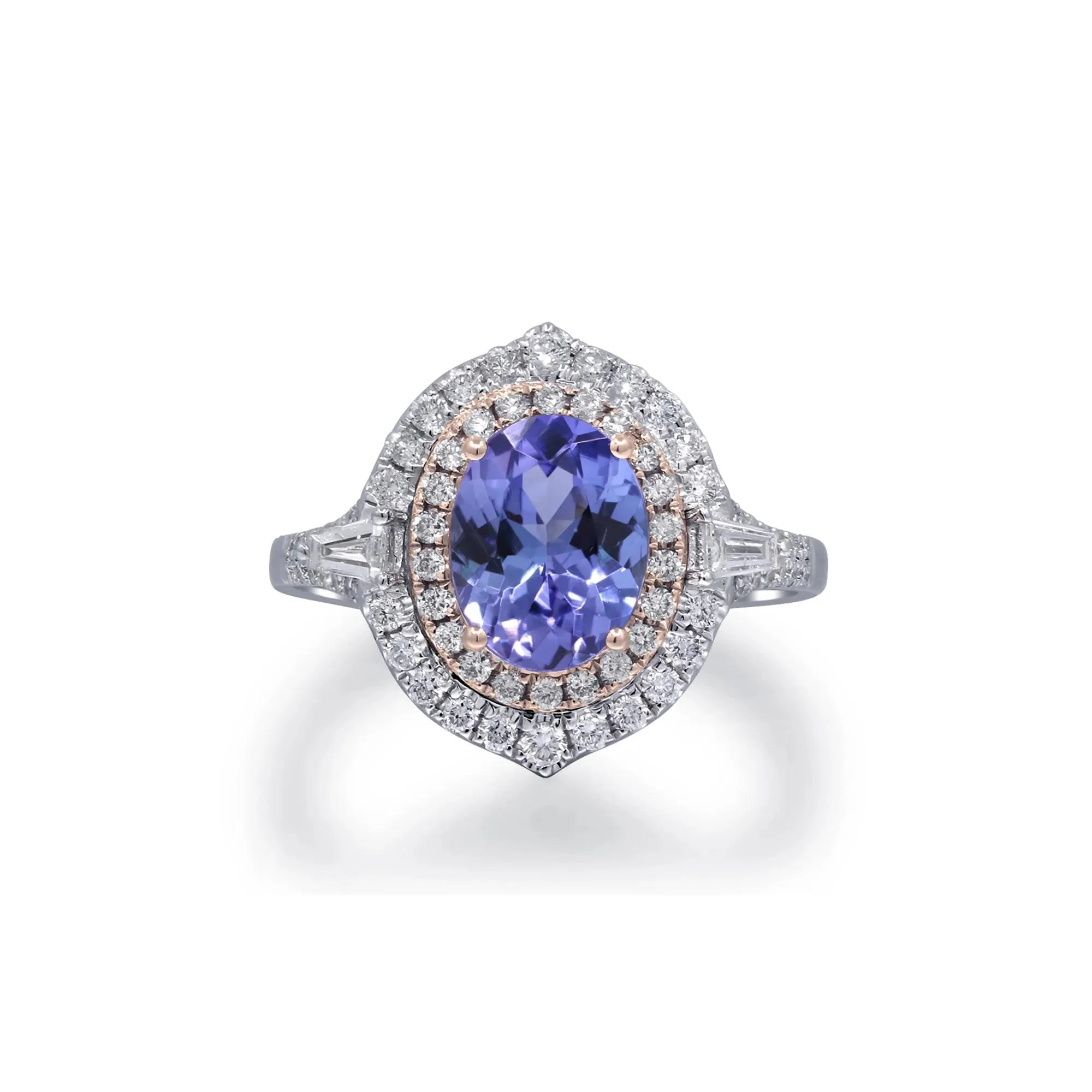 1/2 CT. Tw. Tanzanite and Diamond Halo Ring 14K White and Yellow Gold Round Brilliant Cut Size 5.5 2mm