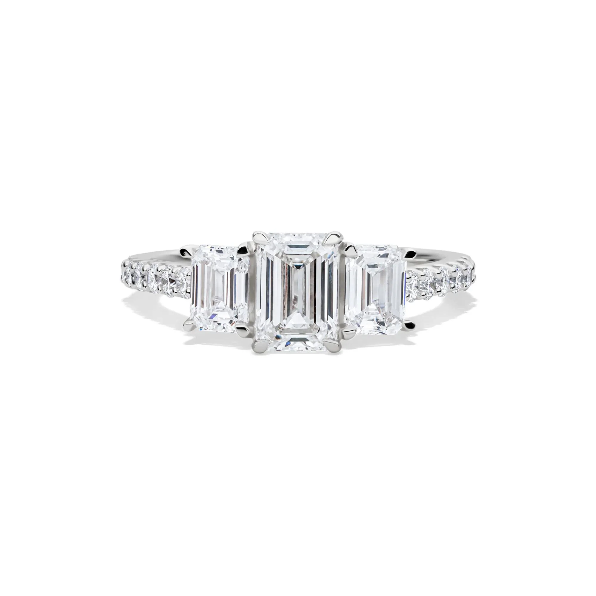 2 CT. Tw. Lab Grown Diamond Emerald-Cut Three Stone Ring 14K White Gold Round Brilliant Cut Size 8