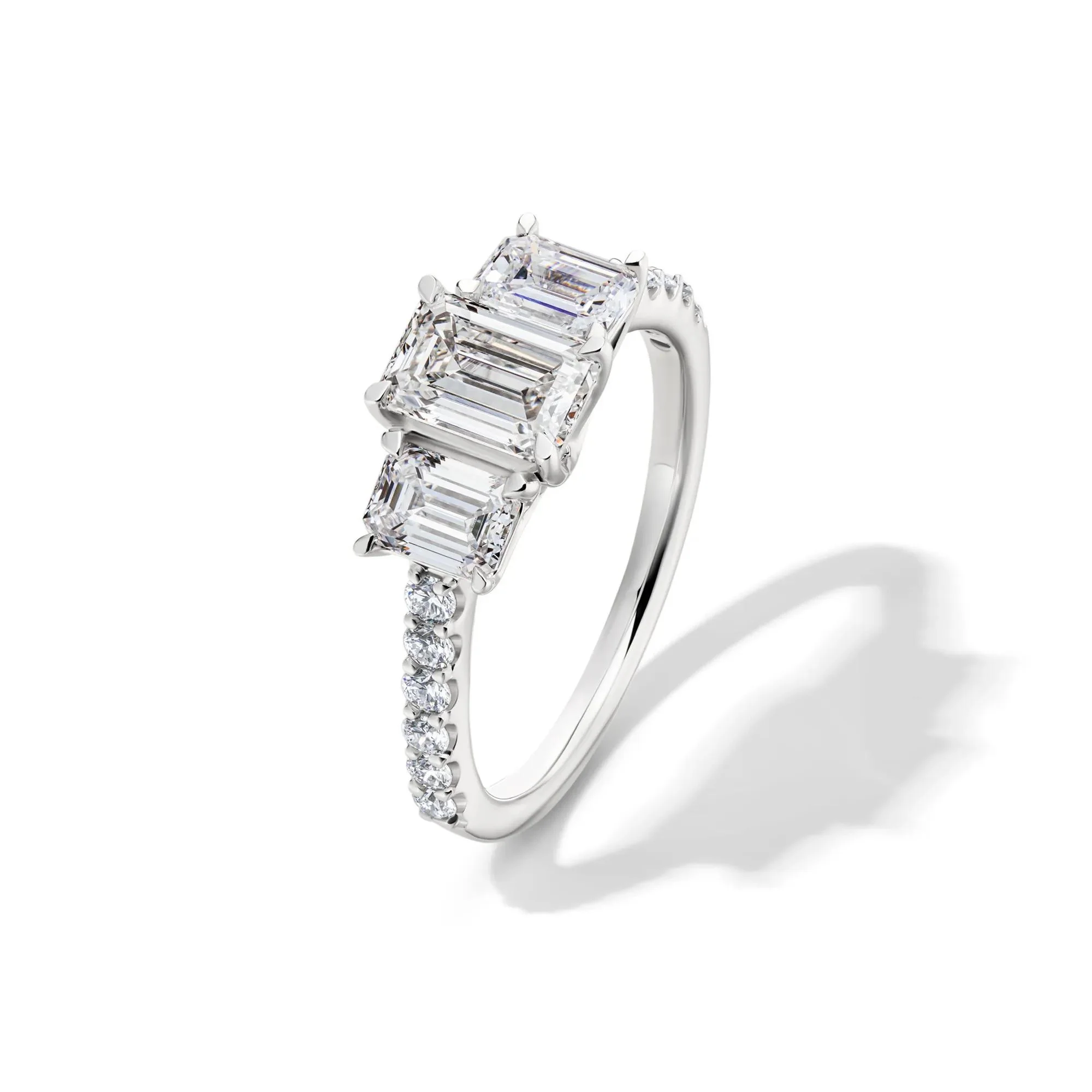 2 CT. Tw. Lab Grown Diamond Emerald-Cut Three Stone Ring 14K White Gold Round Brilliant Cut Size 8 - Image 4