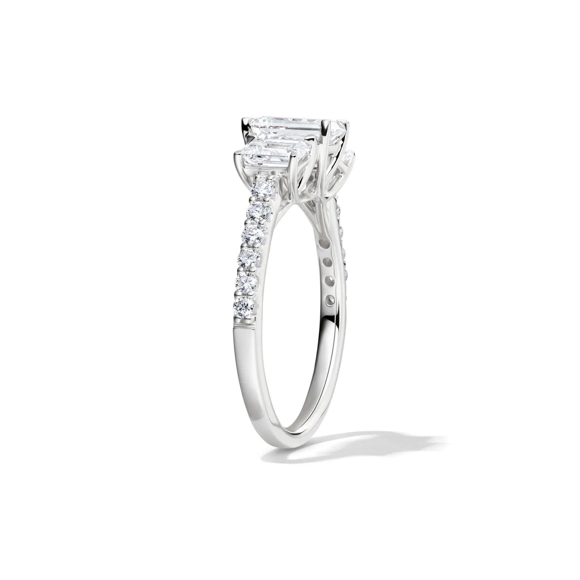 2 CT. Tw. Lab Grown Diamond Emerald-Cut Three Stone Ring 14K White Gold Round Brilliant Cut Size 9 - Image 3