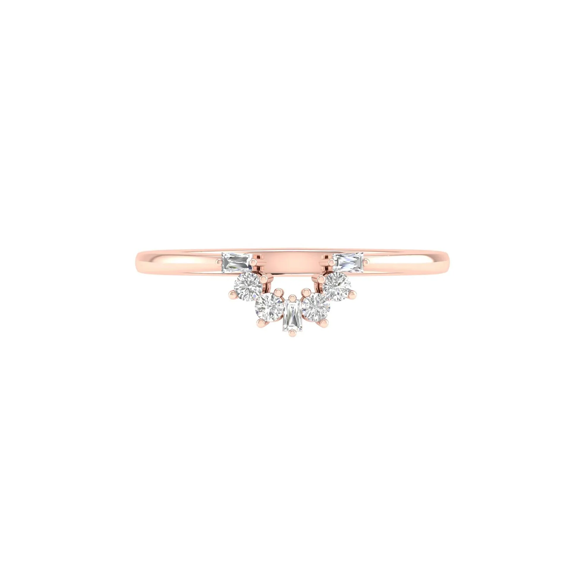 1/7 CT. Tw. Round and Baguette Diamond Contour Band Ring 14K Rose Gold Round Brilliant Cut Size 6 2mm
