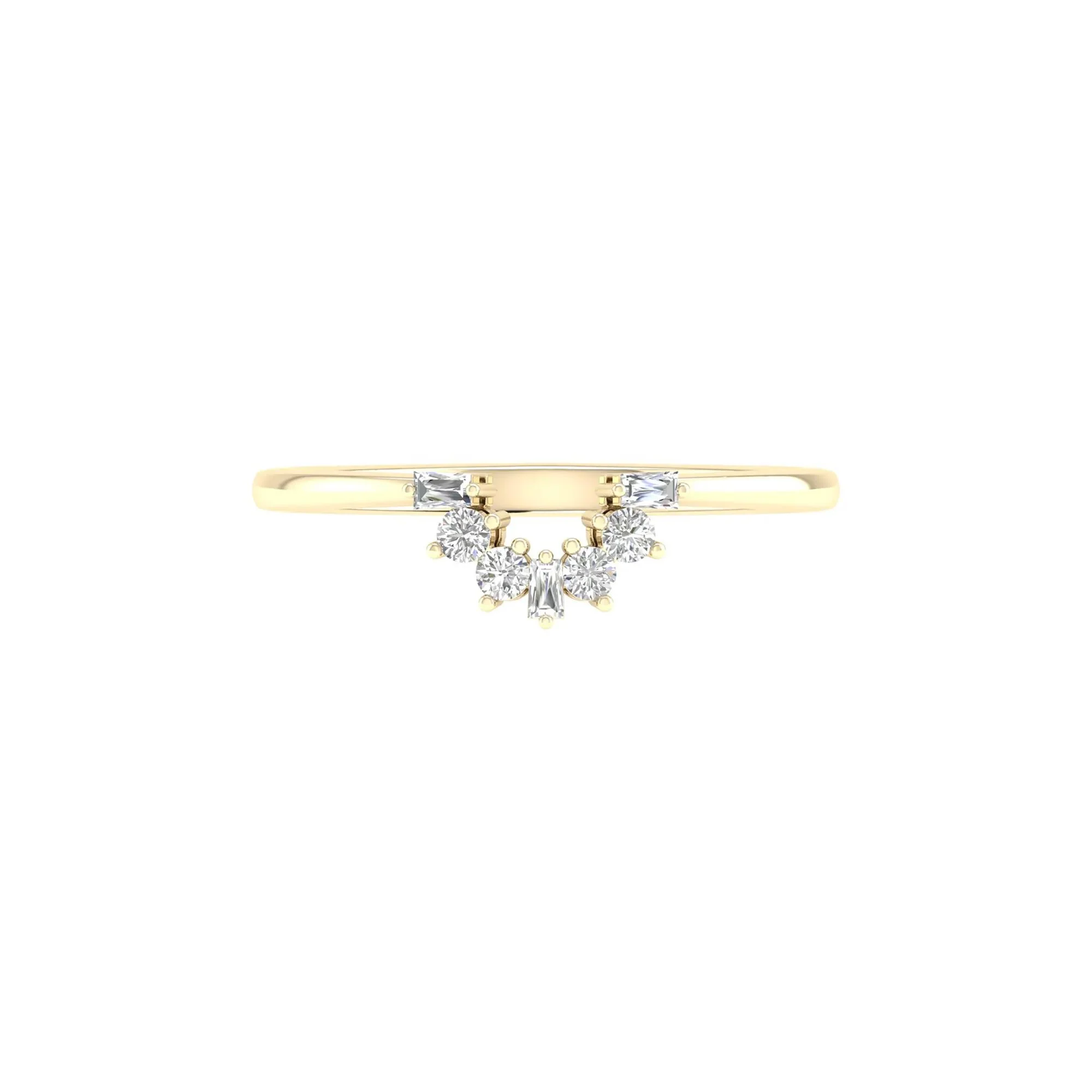 1/7 CT. Tw. Round and Baguette Diamond Contour Band Ring 14K Yellow Gold Round Brilliant Cut Size 8.5 2mm