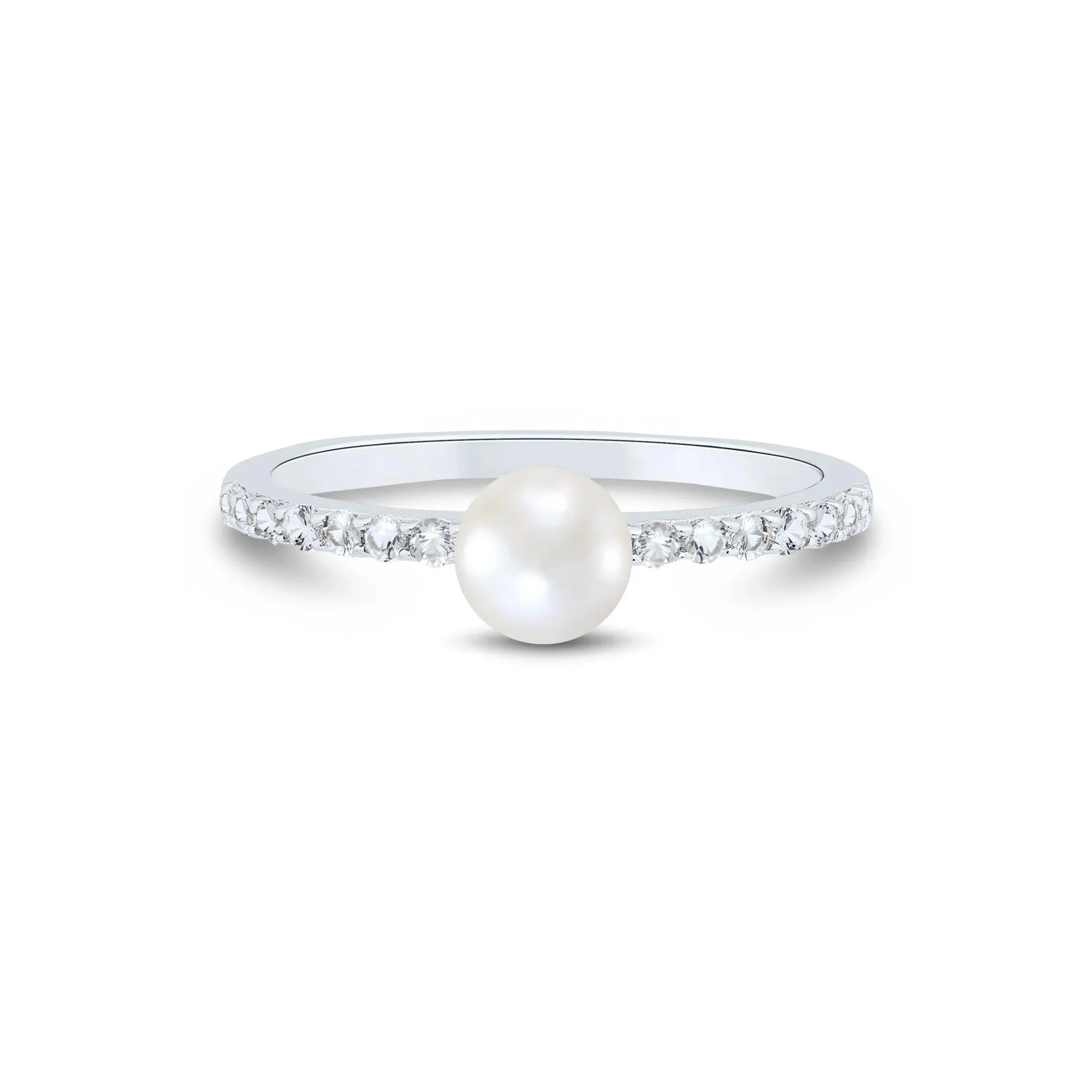 Freshwater Cultured Pearl and Lab Created White Sapphire Stack Ring .925 Sterling Silver Size 7 1mm