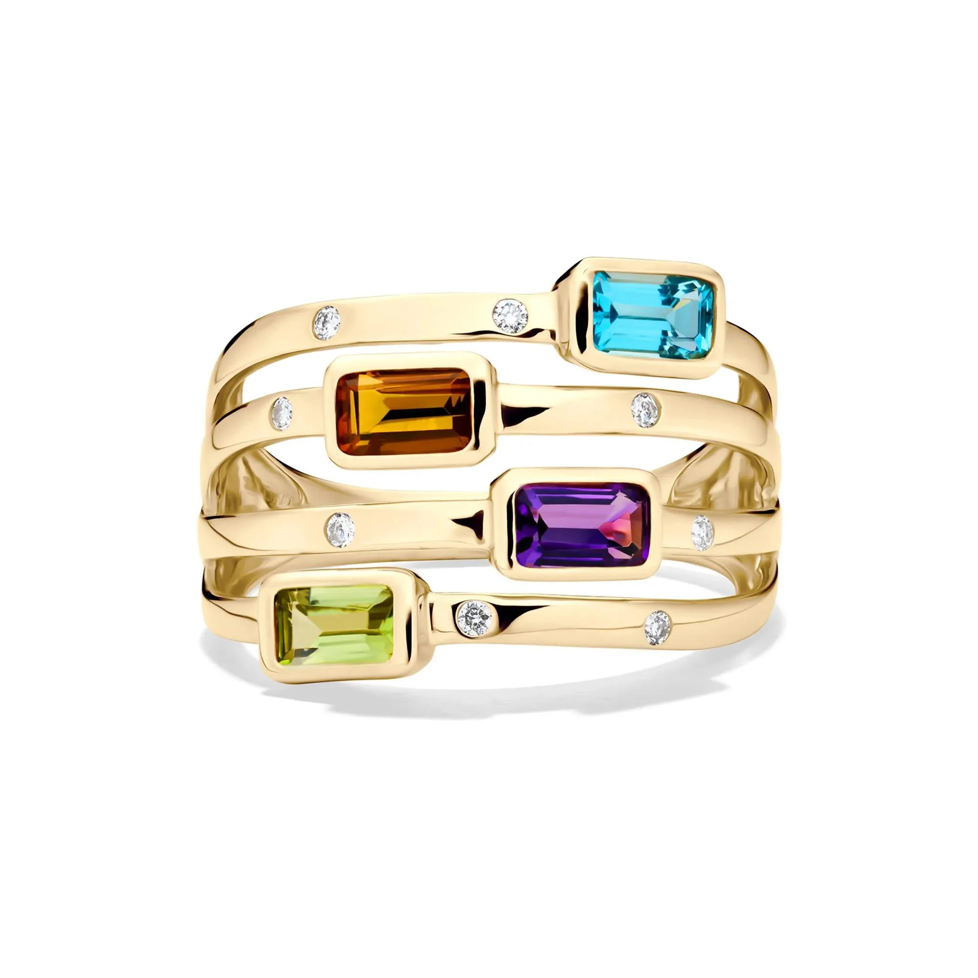 Multi-Row Gemstone and Diamond Accent Ring 14K Yellow Gold Size 8 2mm