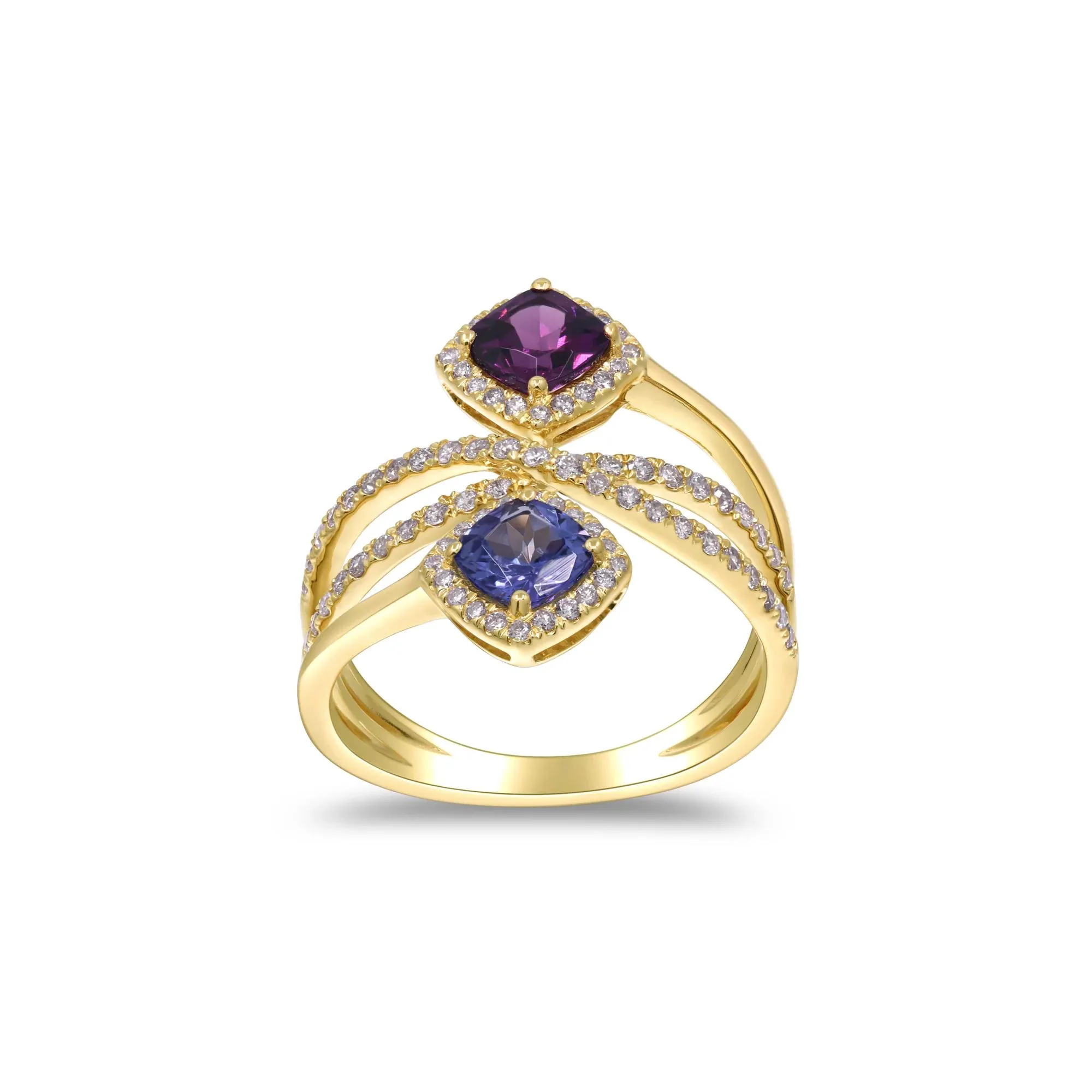 3/8 CT. Tw. Tanzanite Rhodolite Garnet and Diamond Ring 14K Yellow Gold Size 6 2mm