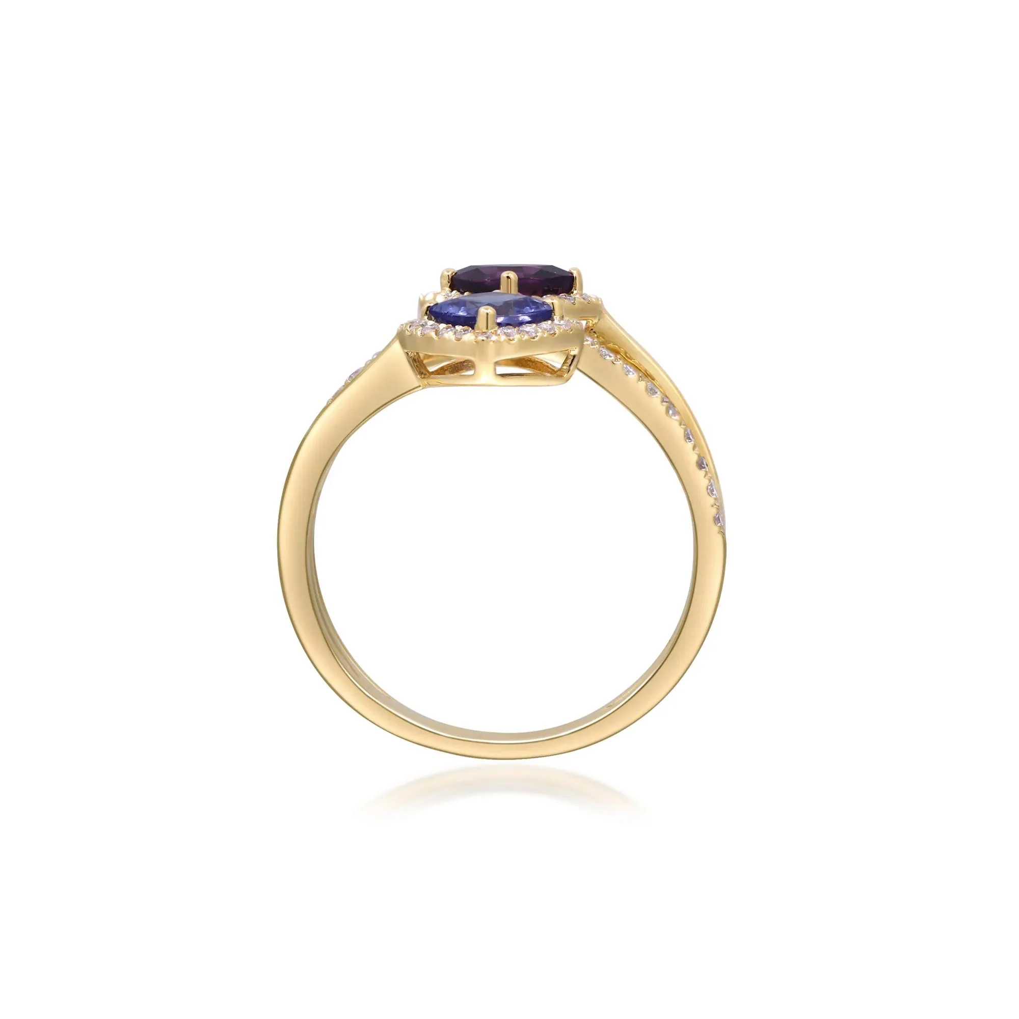 3/8 CT. Tw. Tanzanite Rhodolite Garnet and Diamond Ring 14K Yellow Gold Size 8 2mm - Image 2