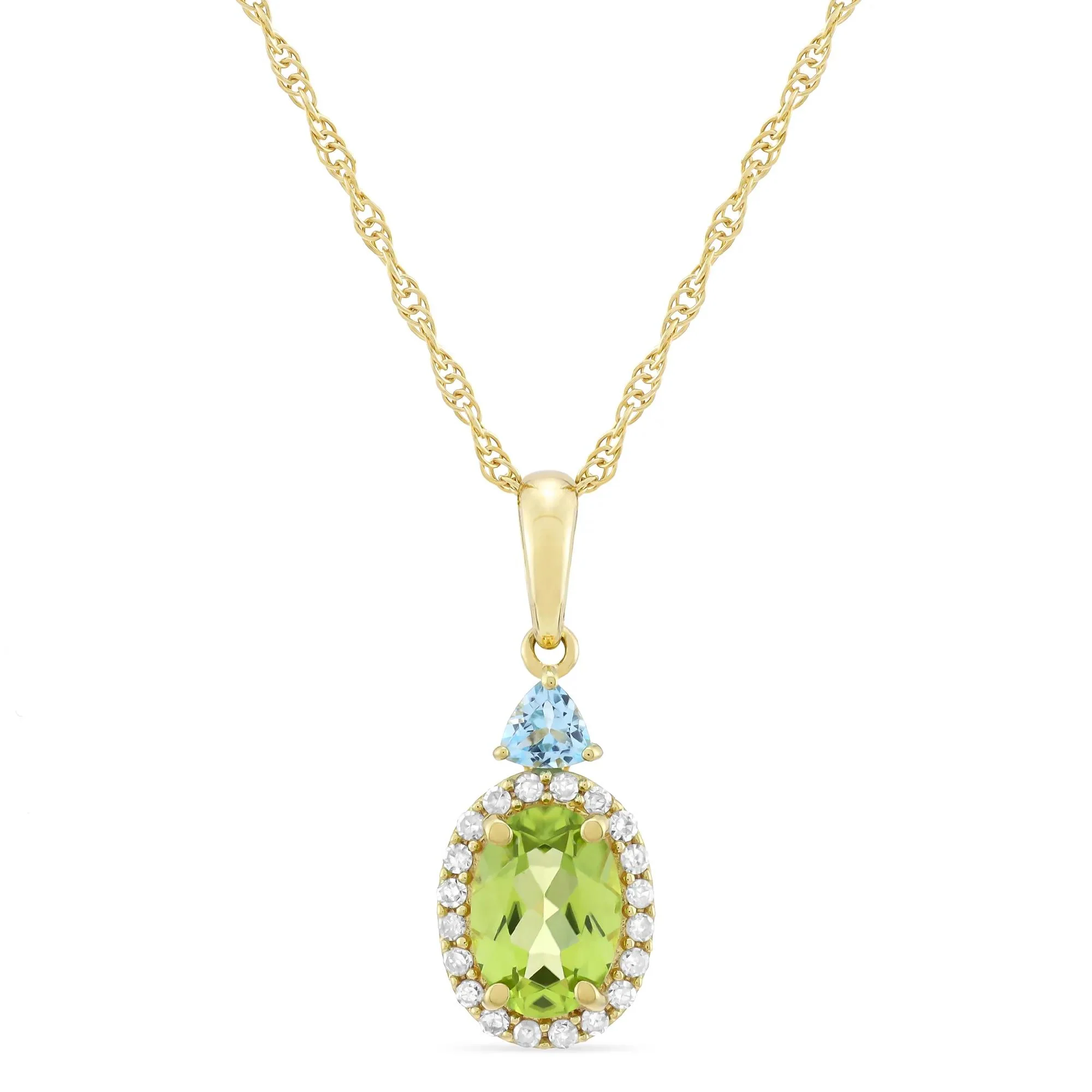 Oval Peridot Blue Topaz & Diamond Accent Pendant Necklace 10K Yellow Gold Size 18"