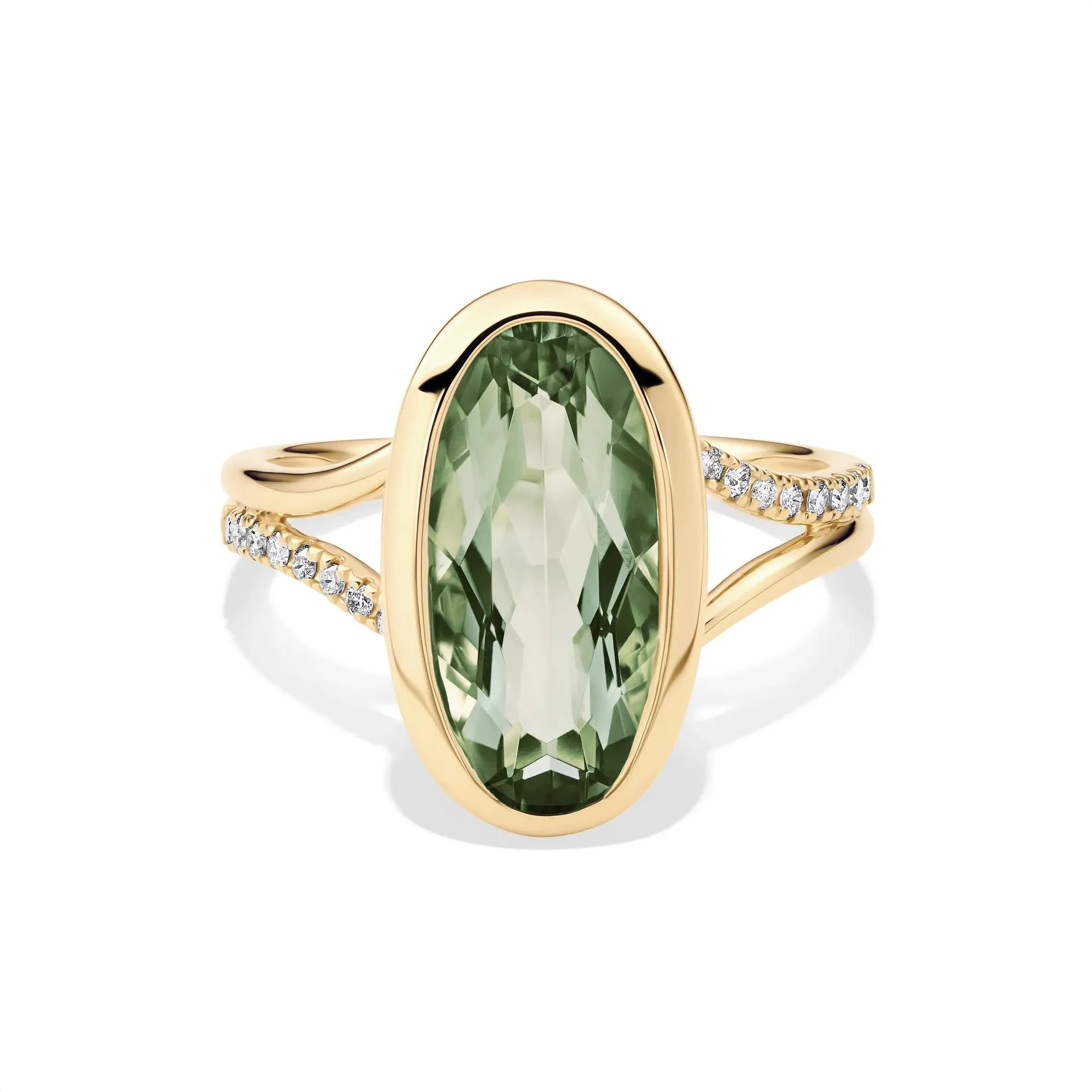 1/10 CT. Tw. Green Amethyst and Diamond Bezel Ring 10K Yellow Gold Round Brilliant Cut Size 5.5 1mm