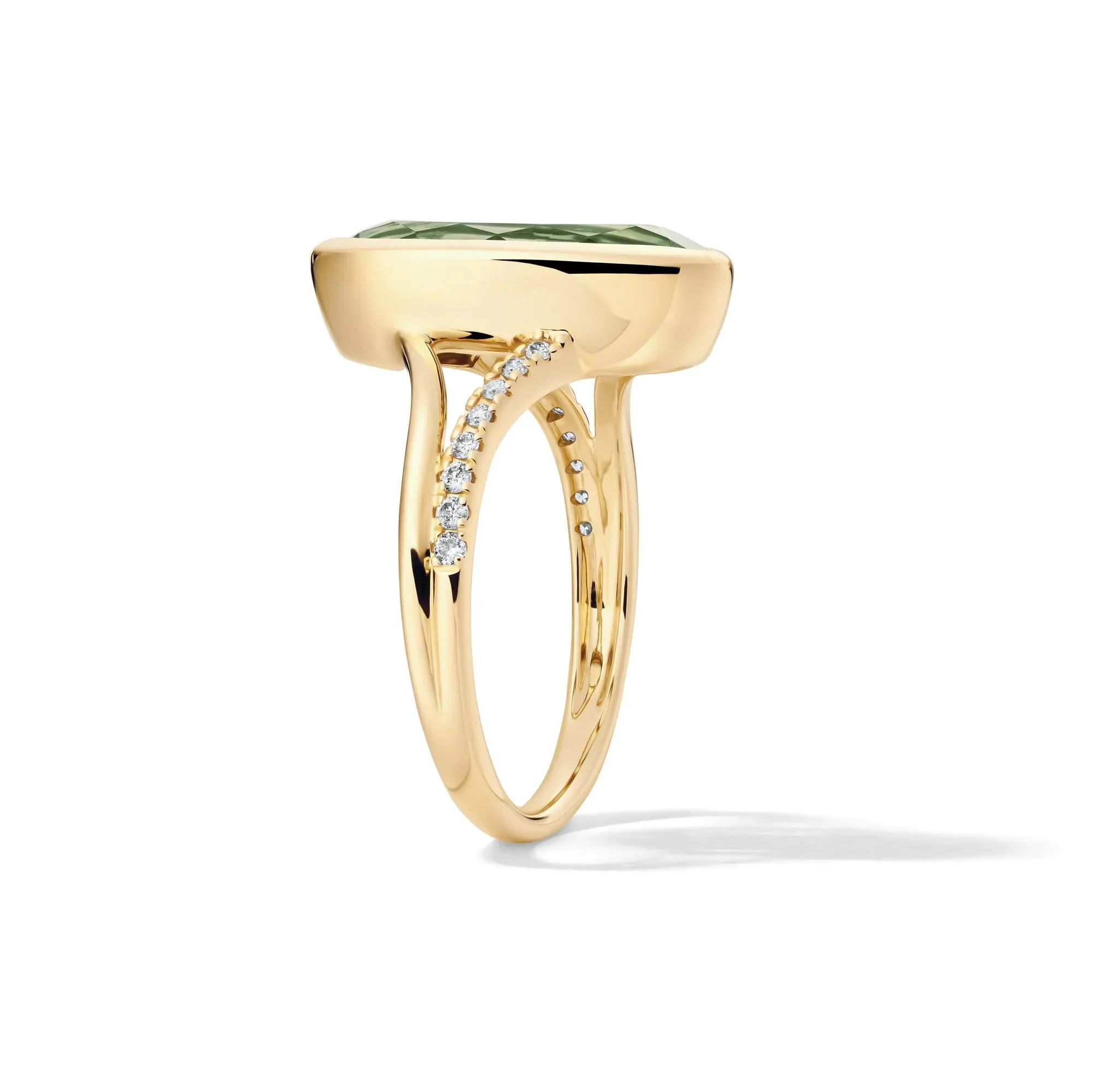 1/10 CT. Tw. Green Amethyst and Diamond Bezel Ring 10K Yellow Gold Round Brilliant Cut Size 5.5 1mm - Image 3