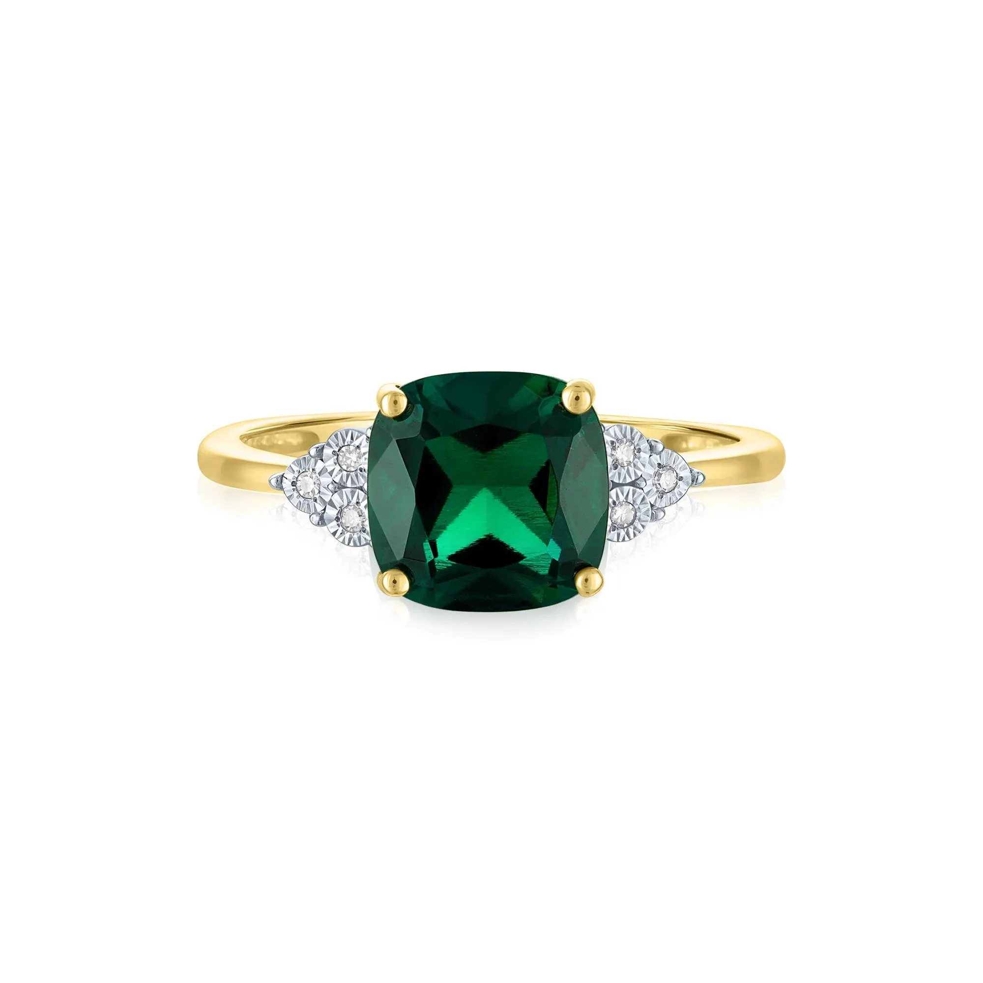 Lab-Created Emerald and Diamond Accent Ring 10K Yellow Gold Round Brilliant Cut Size 6.5 1mm