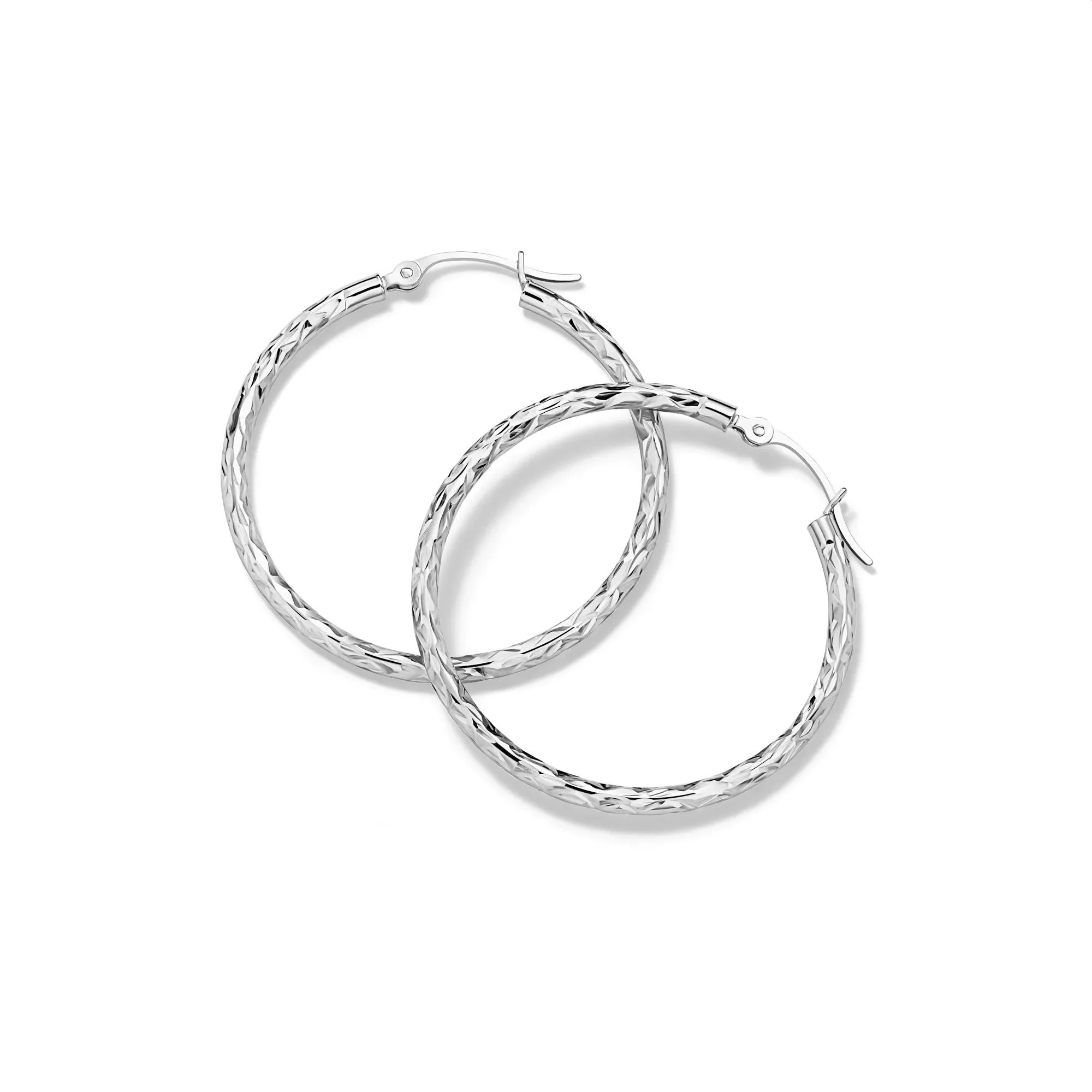 Diamond-Cut Hoop Earrings 14K White Gold Size 30.00mm