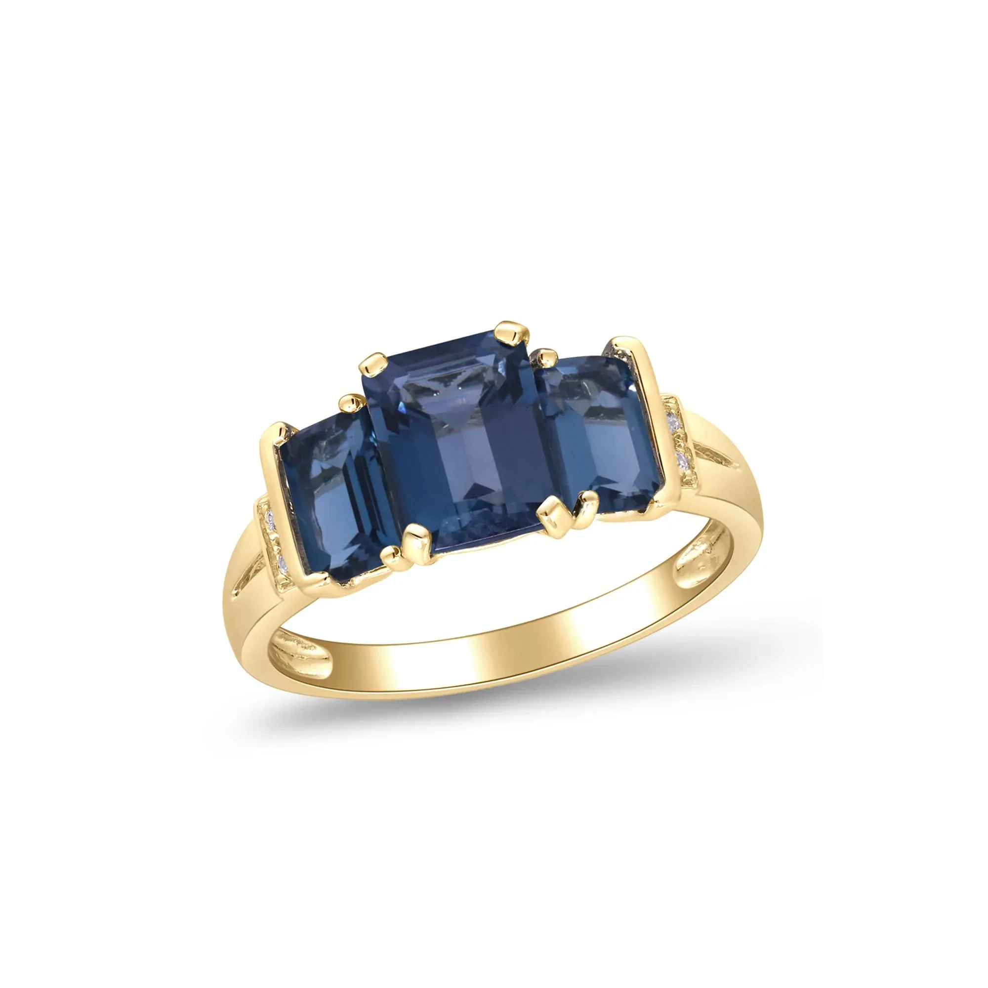 London Blue Topaz Three Stone Ring with Diamond Accent 10K Yellow Gold Size 6 2mm - Image 4