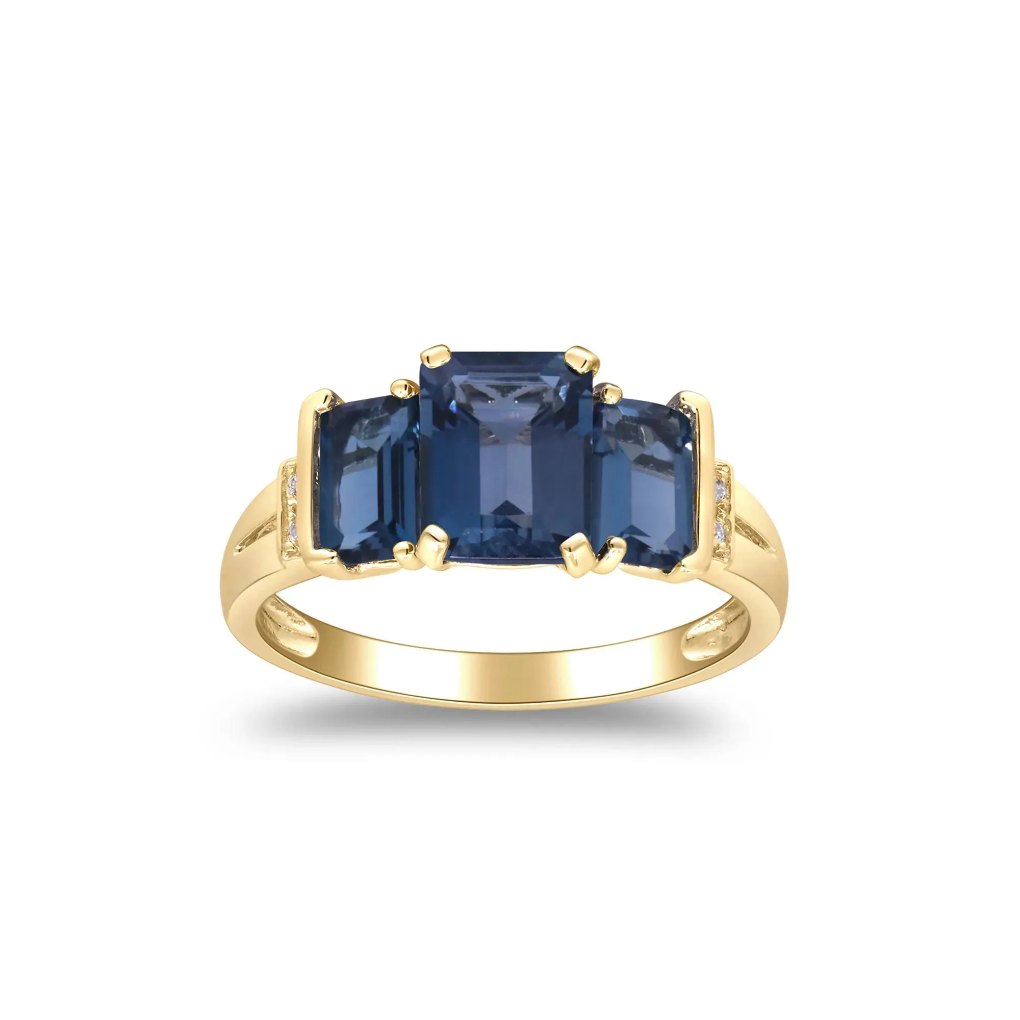 London Blue Topaz Three Stone Ring with Diamond Accent 10K Yellow Gold Size 7.5 2mm