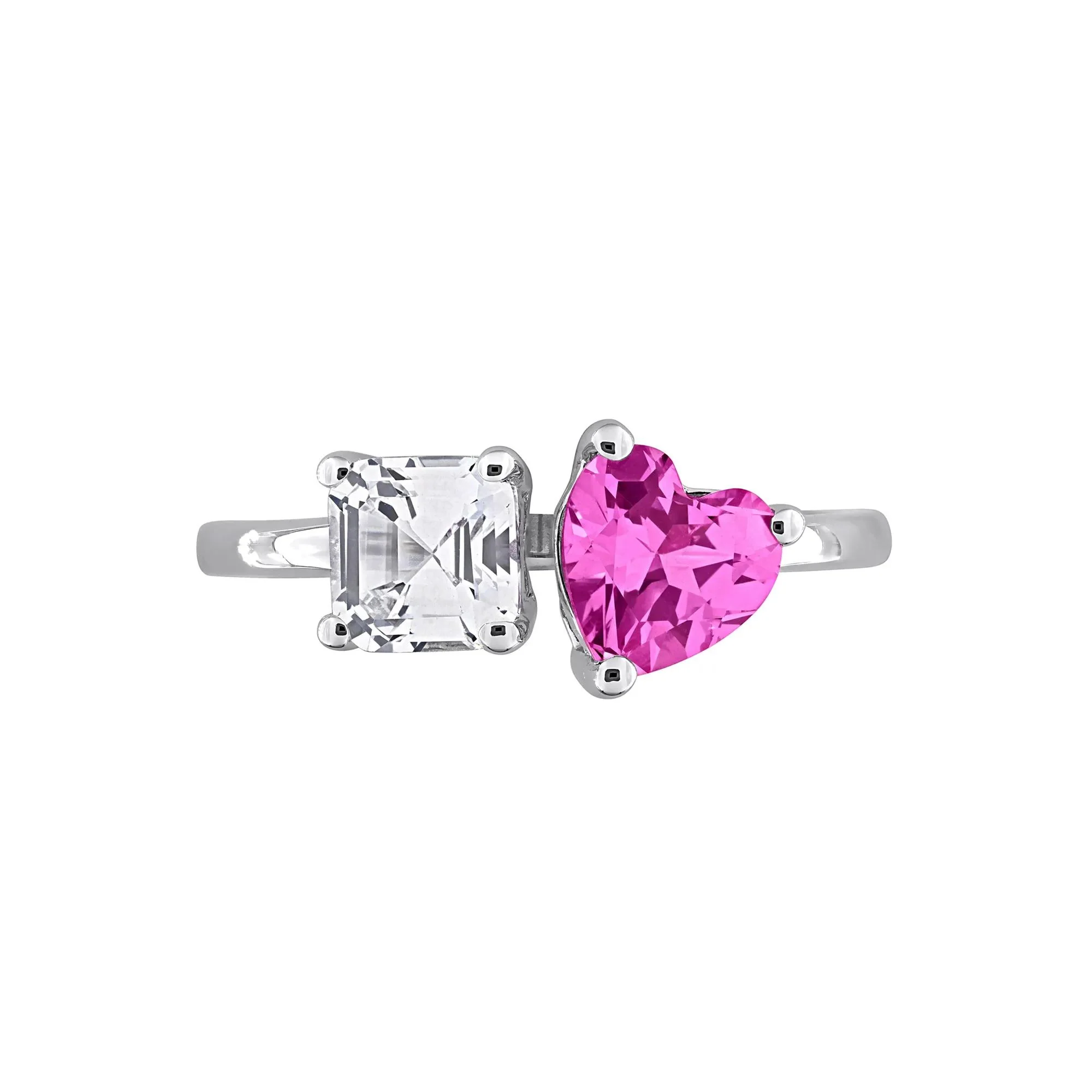 Lab-Created Pink Sapphire & Lab-Created White Sapphire Toi Et Moi Heart Ring .925 Sterling Silver Size 6 8mm