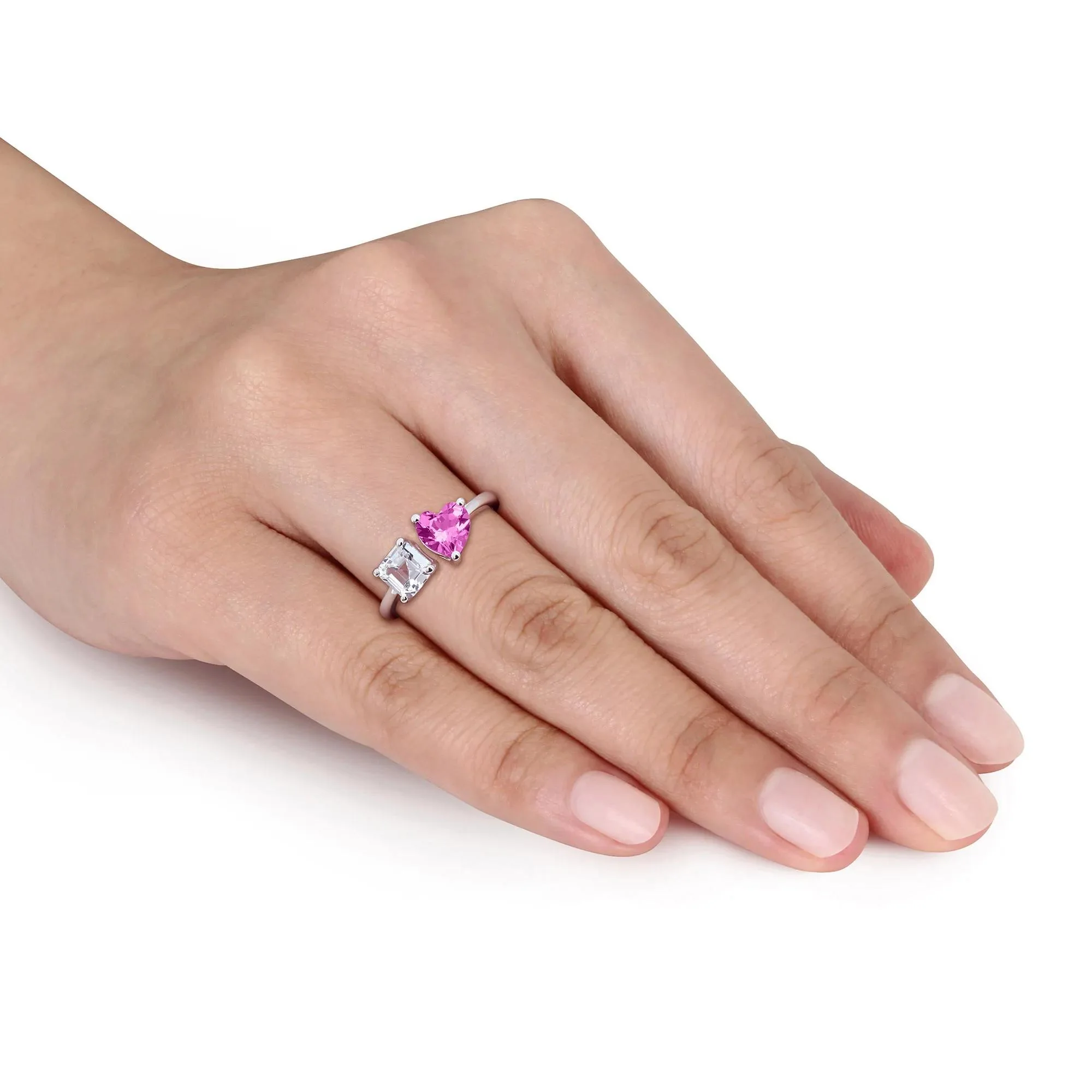 Lab-Created Pink Sapphire & Lab-Created White Sapphire Toi Et Moi Heart Ring .925 Sterling Silver Size 6 8mm - Image 6