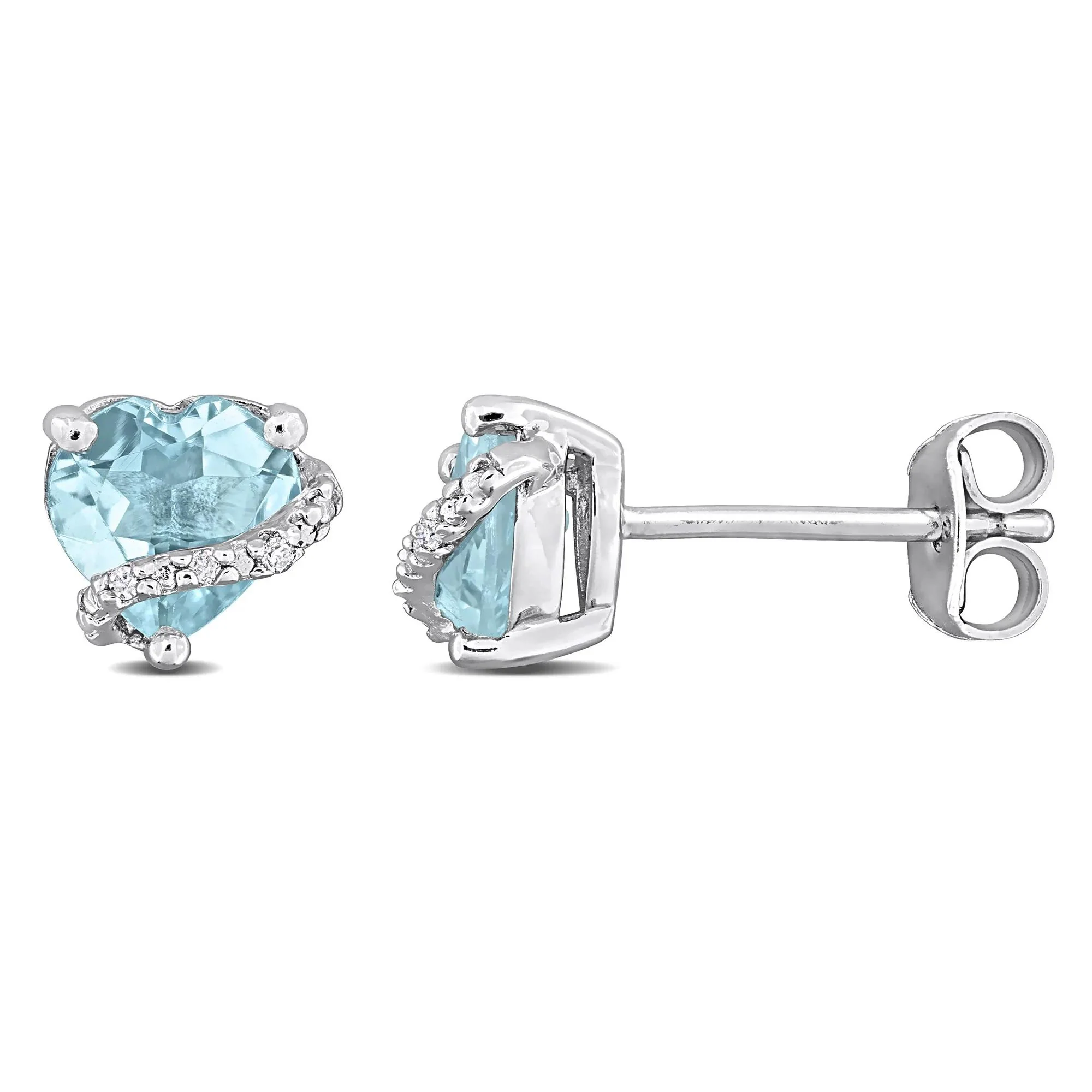 Blue Topaz and Diamond Accent Heart Studs .925 Sterling Silver White Size 7.50mm