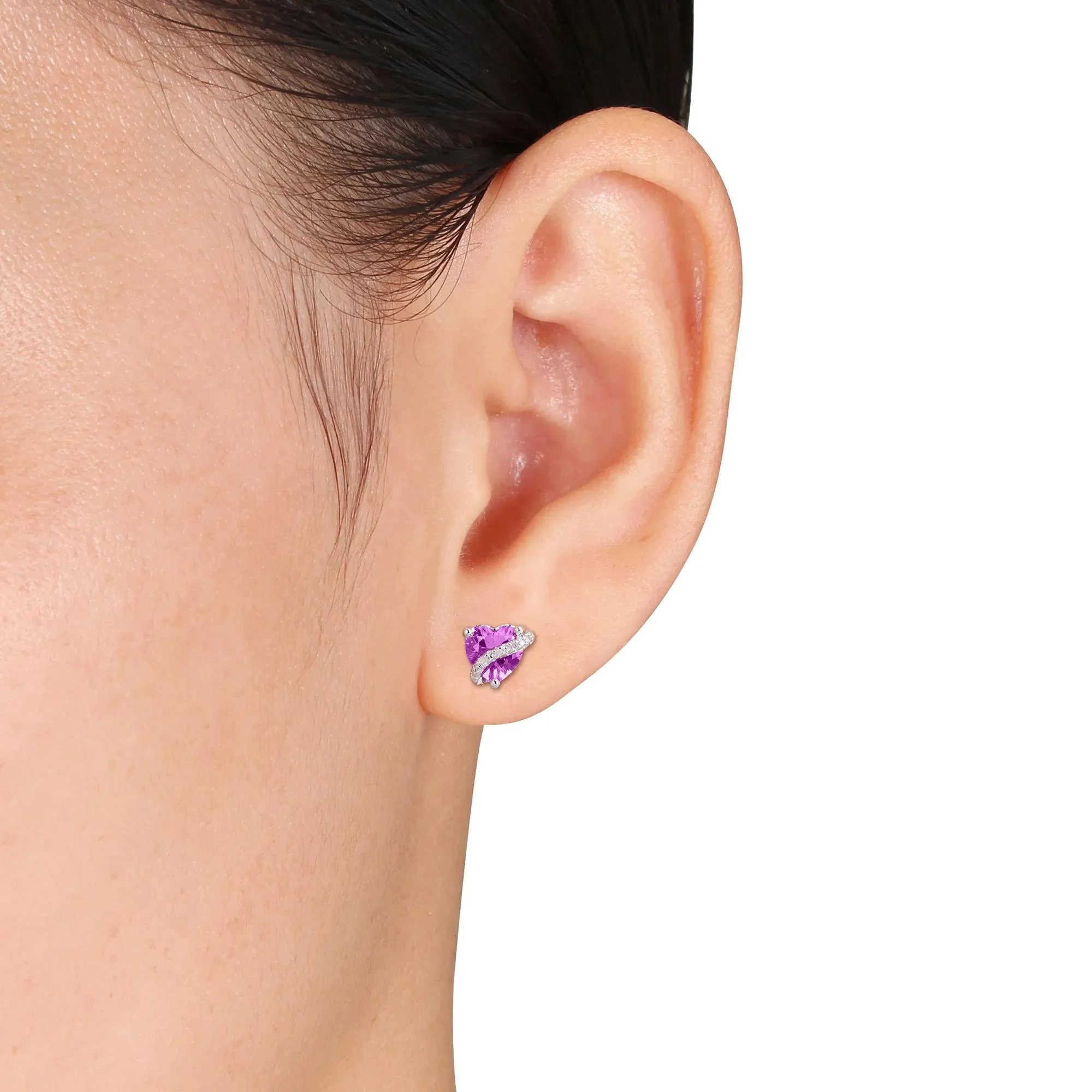 Lab-Created Pink Sapphire and Diamond Accent Heart Studs .925 Sterling Silver White Size 7.50mm - Image 2