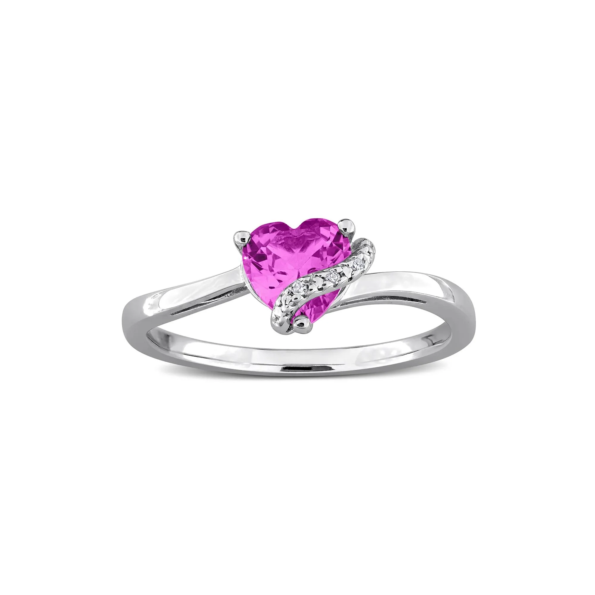 Heart-Shaped Lab-Created Pink Sapphire and Diamond Accent Ring .925 Sterling Silver White Size 7 7mm