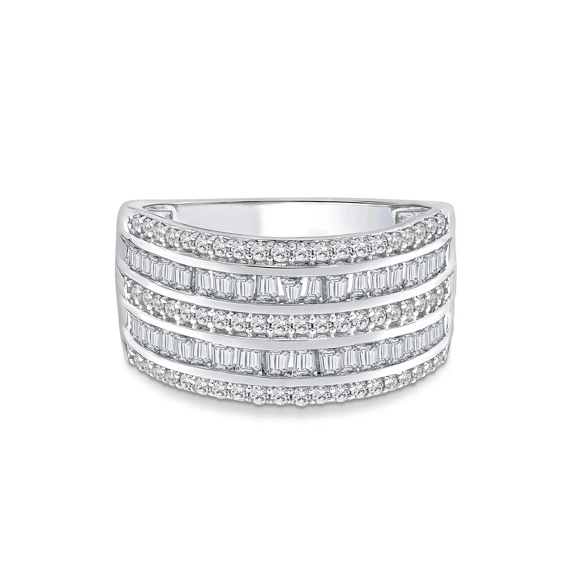 3 CT. Tw. Round and Baguette Multi-Row Diamond Band Ring 14K White Gold Size 8.5 1mm