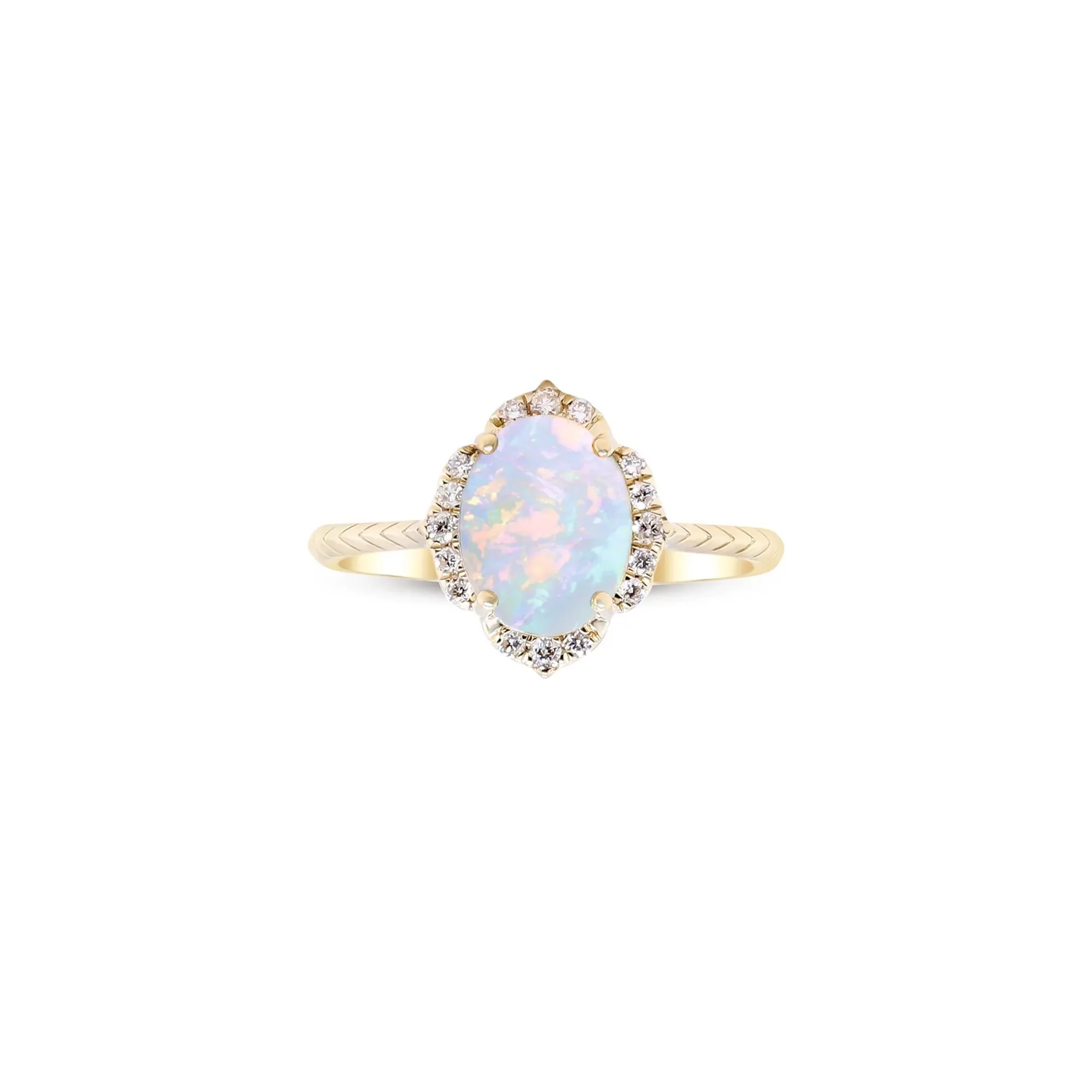 Oval-Shaped Opal and Diamond Ring 10K Yellow Gold Round Brilliant Cut Size 6 2mm