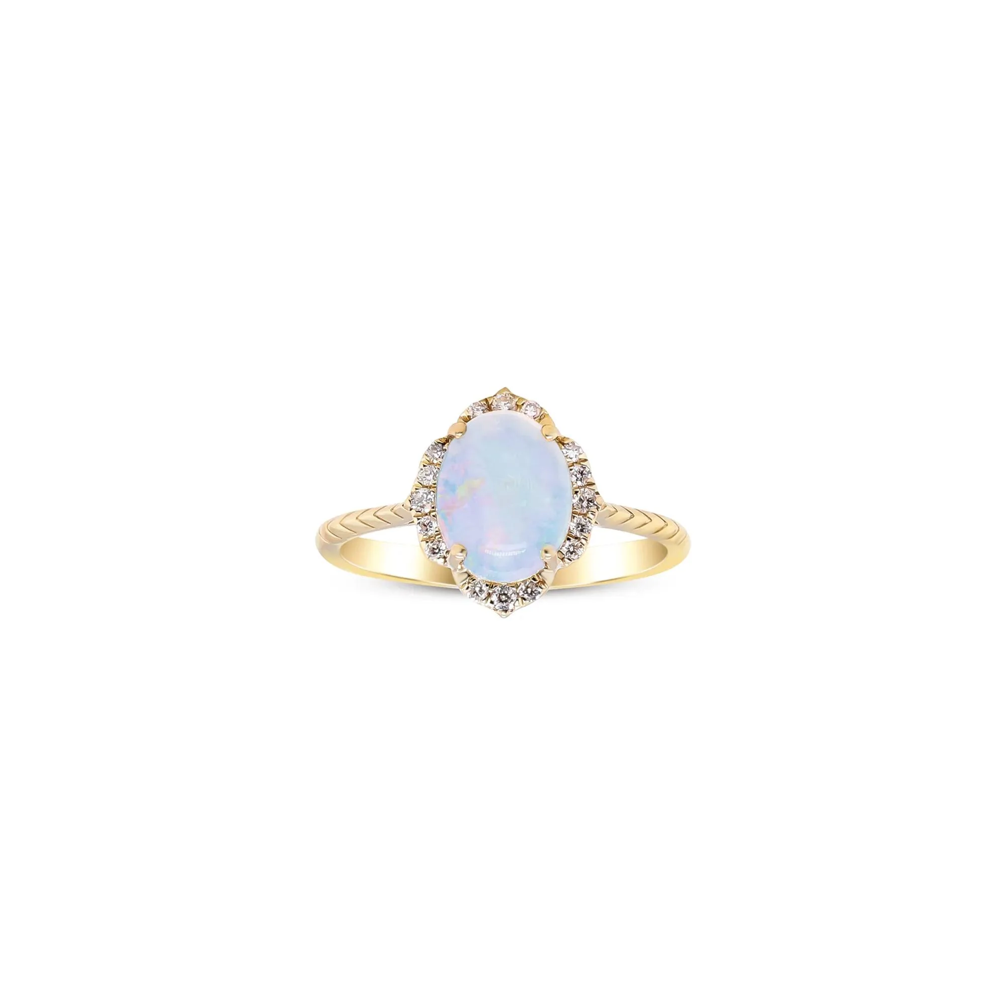 Oval-Shaped Opal and Diamond Ring 10K Yellow Gold Round Brilliant Cut Size 6 2mm - Image 4