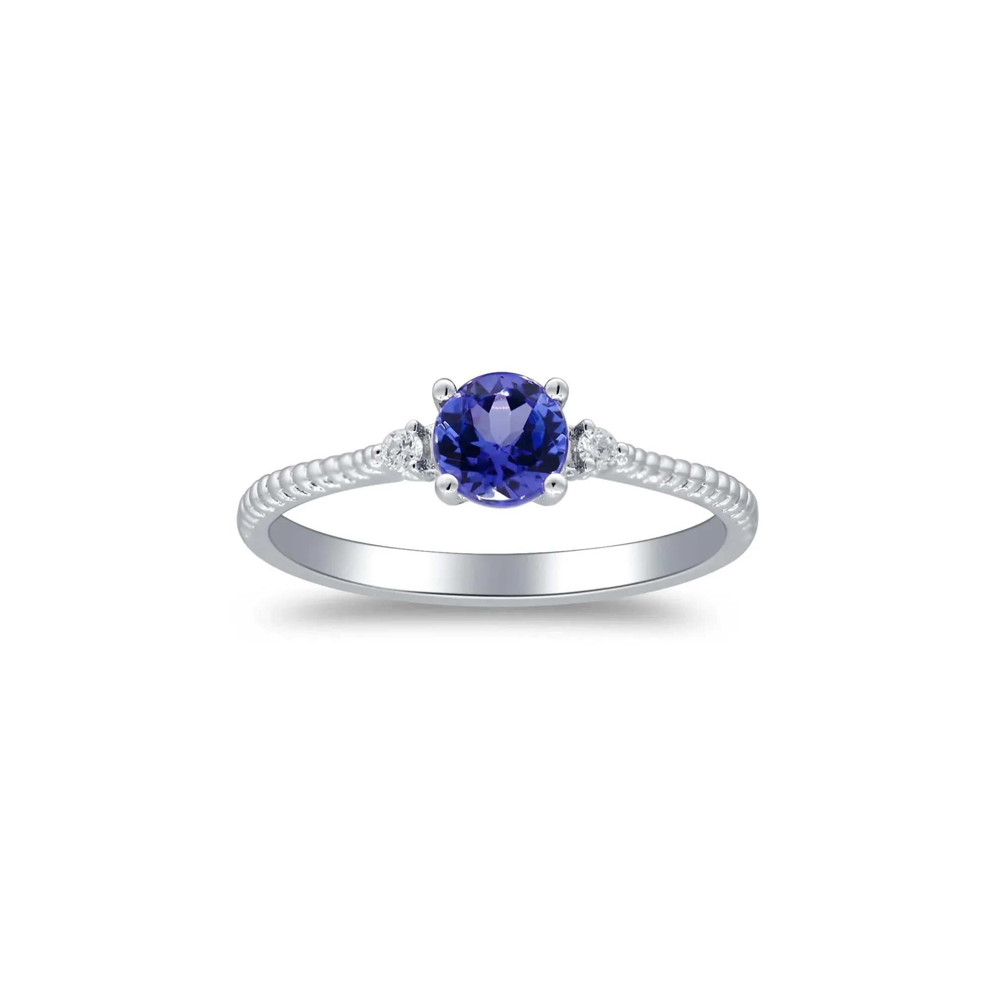Tanzanite and Diamond Accent Stack Ring 10K White Gold Round Brilliant Cut Size 8.5 2mm - Image 4