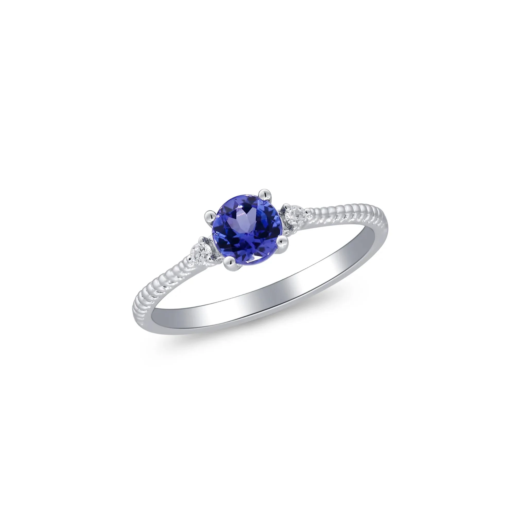 Tanzanite and Diamond Accent Stack Ring 10K White Gold Round Brilliant Cut Size 9 2mm - Image 5